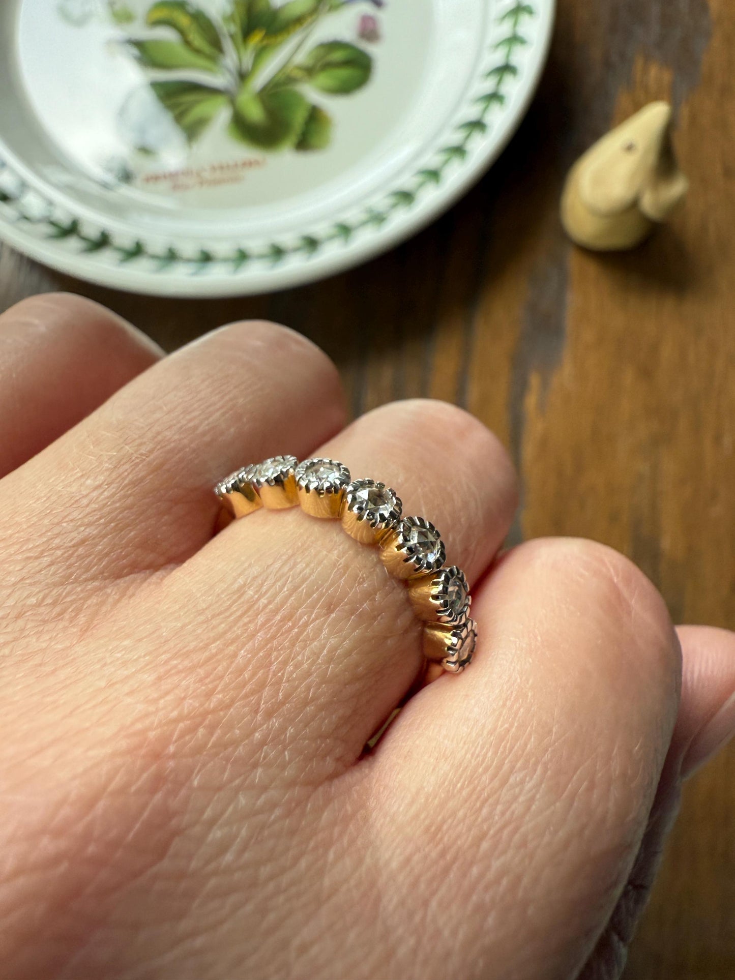 Seven Stone Open Backed Rose Cut DIAMOND Half Hoop Eternity 18k Gold Ring Stacker Tall Antique Style Splayed Skinny Wedding Anniversary Gift
