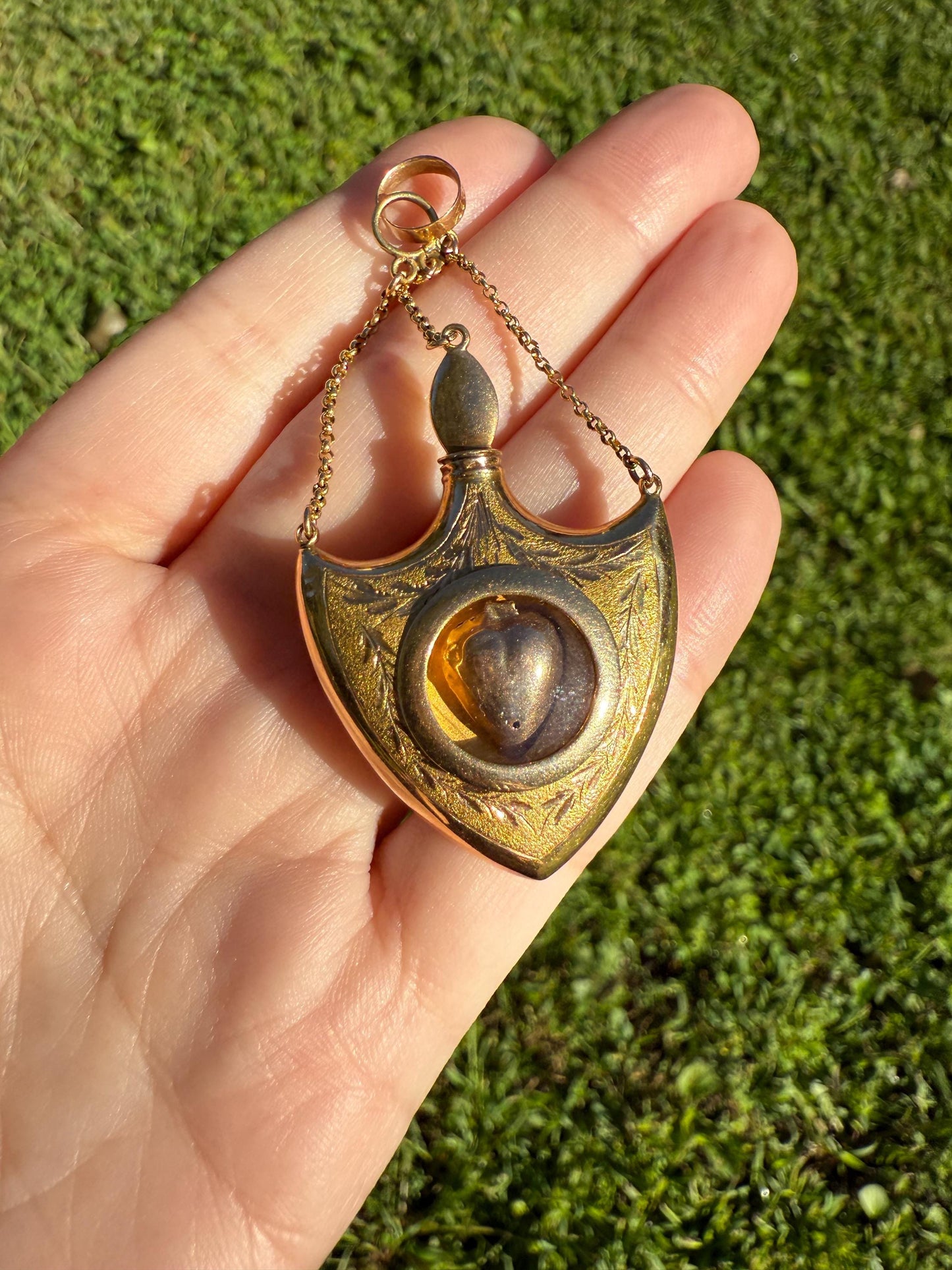 SHIELD w/ HEART Locket Georgian Era Antique FLASK Pendant Figural 18k Gold Large Swedish Vinaigrette w/ Stopper Unique Love Gift Victorian