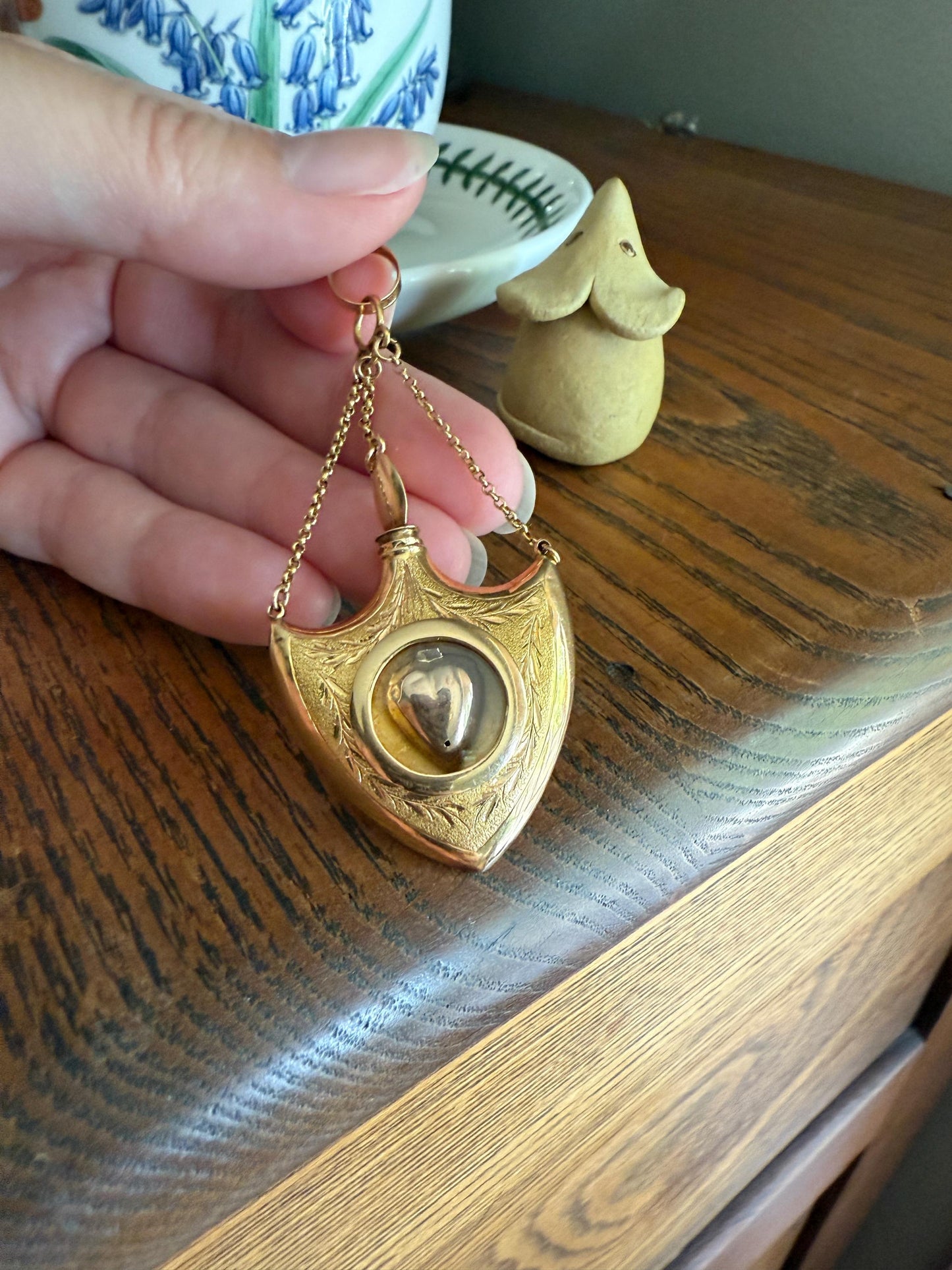 SHIELD w/ HEART Locket Georgian Era Antique FLASK Pendant Figural 18k Gold Large Swedish Vinaigrette w/ Stopper Unique Love Gift Victorian