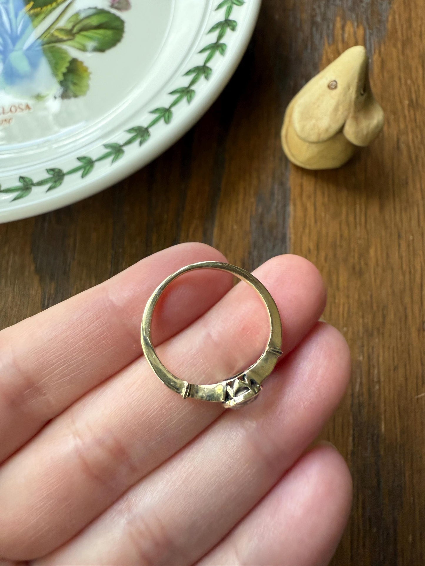Antique 6.2mm Rose Cut DIAMOND Solitaire 14k Gold Ring Bezel Set Stacker Open Work Shoulders 1 Carat Face Up