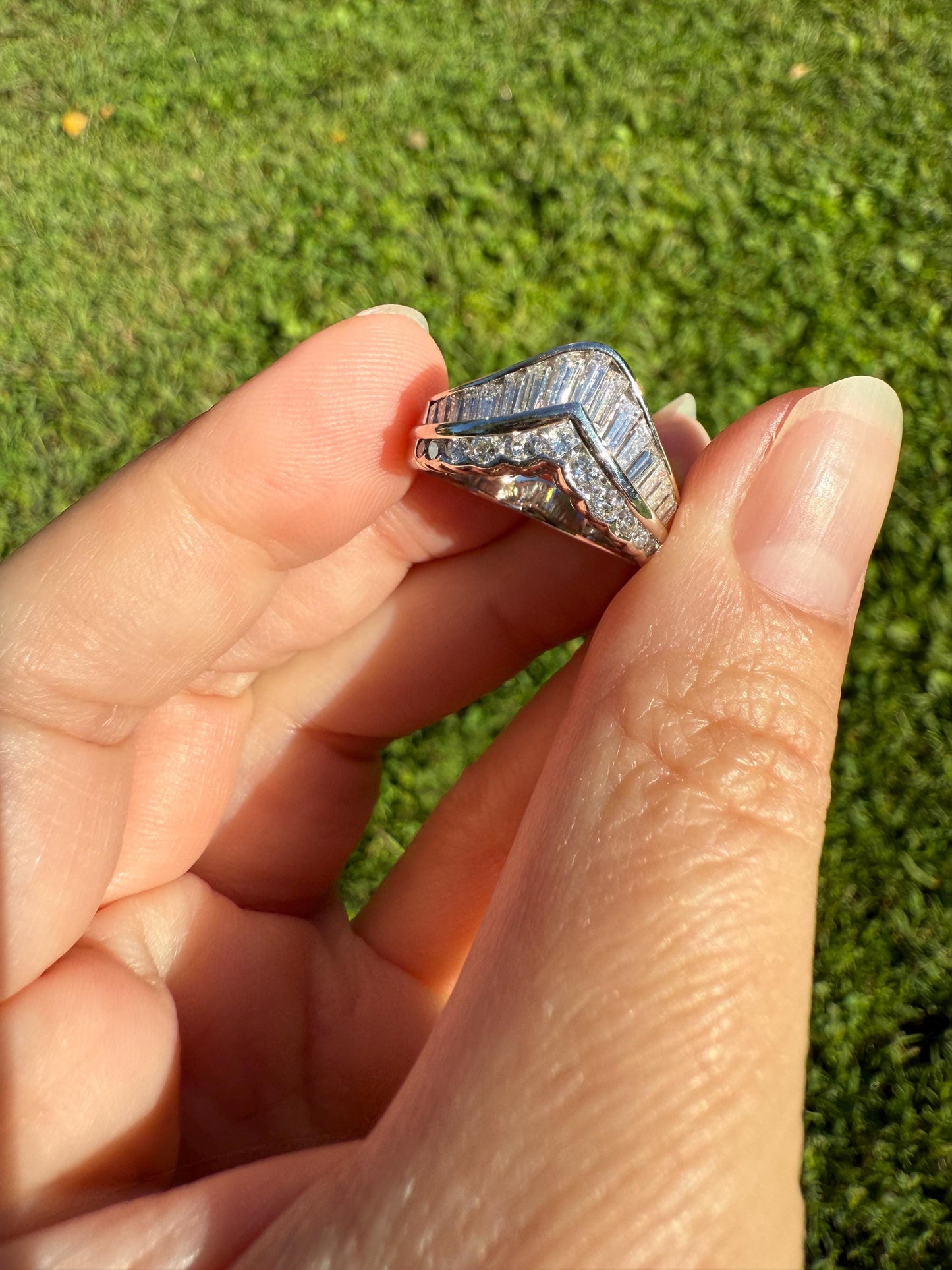Chevron TIARA 1.5 Carat Baguette Brilliant Cut Diamonds French 8.5g PLATINUM Vintage V Ring Stacker Wedding Engagement Wide Band Chunky Gift
