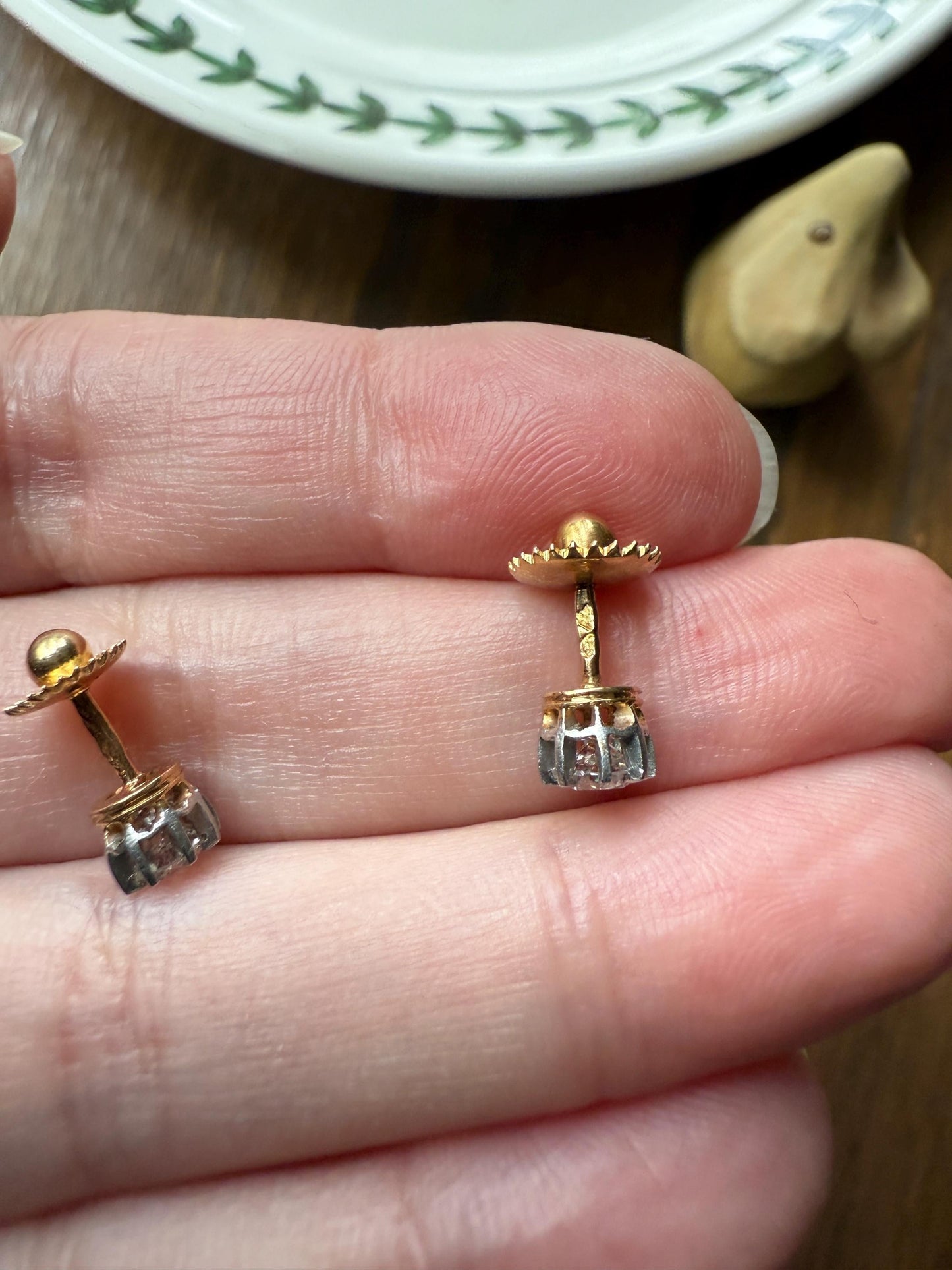 Vintage .58 Ctw Transitional Cut DIAMOND Buttercup Prong Stud Earrings French 18k Gold Platinum Romantic Gift Earstack Minimalist Screw Back