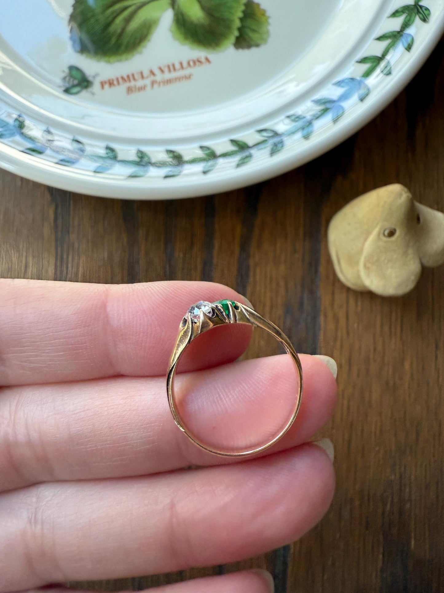 EMERALD Old Mine Cut DIAMOND Antique Toi et Moi Ring 14k Gold Angled Cushion Cut Swirl Shoulders Romantic Gift Green Stacker Chunky OMC