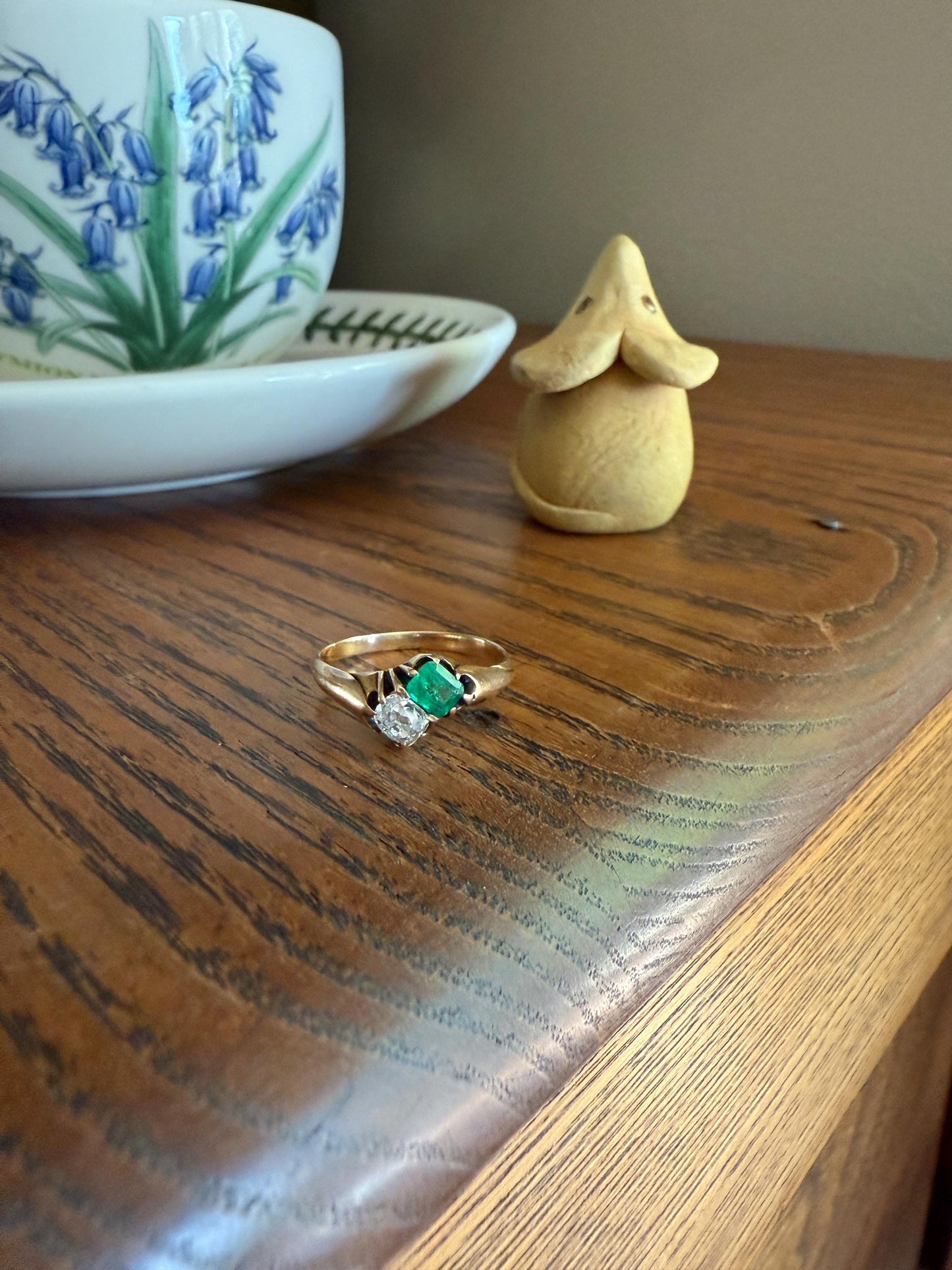 EMERALD Old Mine Cut DIAMOND Antique Toi et Moi Ring 14k Gold Angled Cushion Cut Swirl Shoulders Romantic Gift Green Stacker Chunky OMC