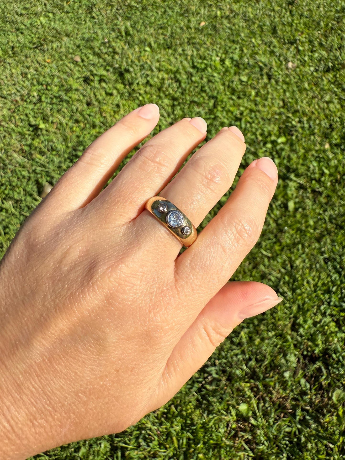 Antique Old Mine Cut DIAMOND Three Stone Chunky Ring 7.1g 14k Gold 7.1mm Wide Band Gypsy Stacker Bezel Set Unique Gift Man or Unisex