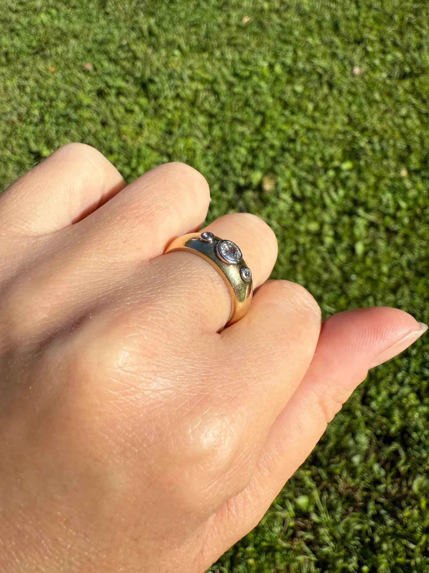 Antique Old Mine Cut DIAMOND Three Stone Chunky Ring 7.1g 14k Gold 7.1mm Wide Band Gypsy Stacker Bezel Set Unique Gift Man or Unisex
