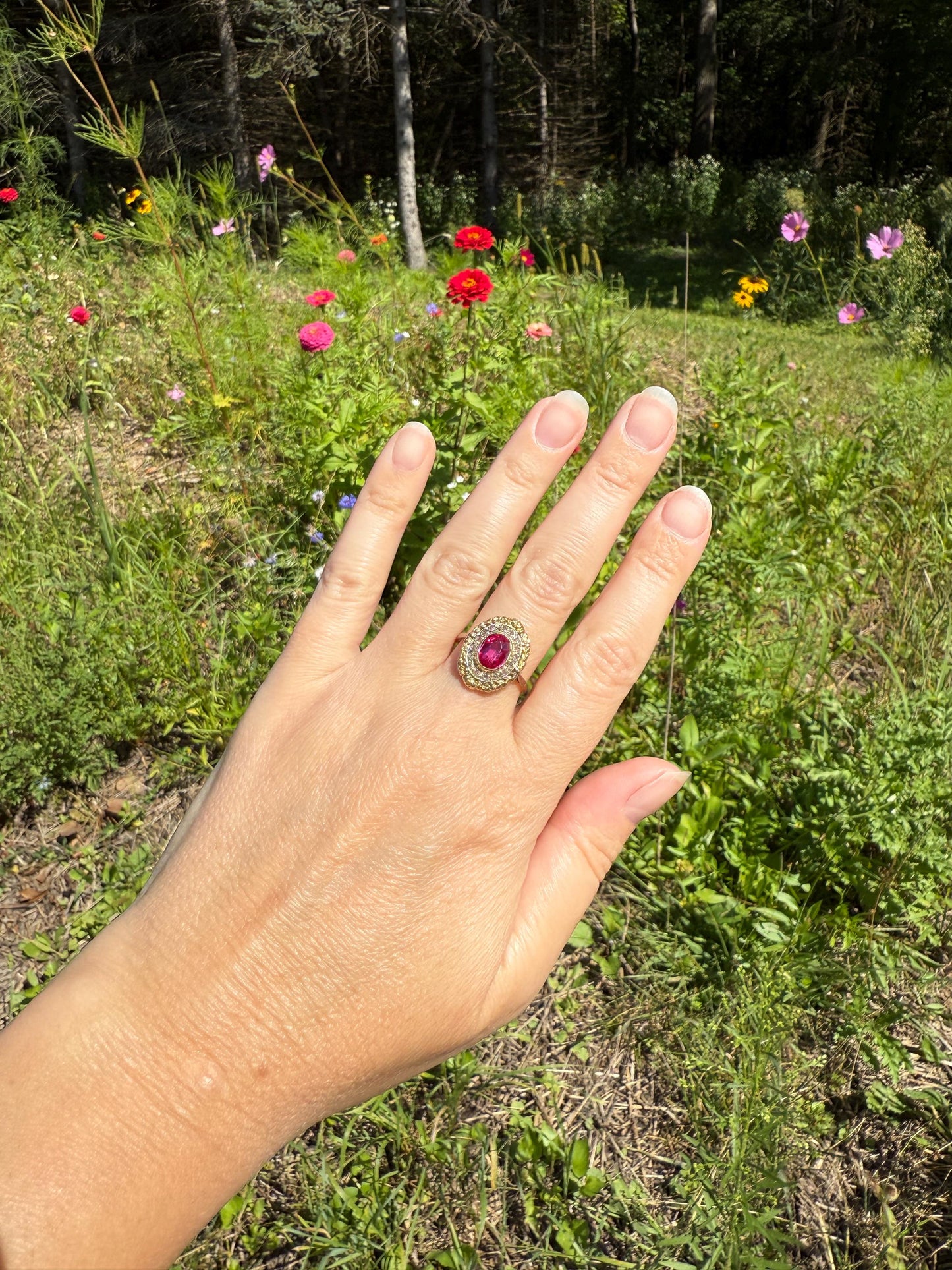 RUBY Pink Floral GARLAND Rose Cut DIAMOND Halo French Antique Ring 18k Gold Forget Me Not Ring Art Nouveau Figural Flower Gift Belle Epoque