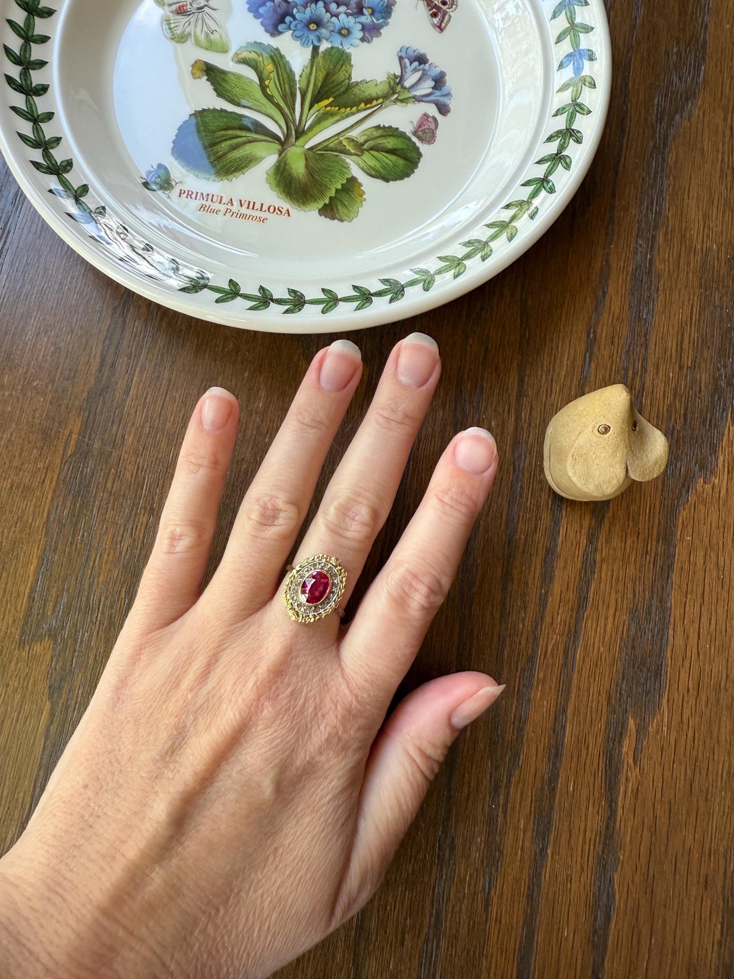 RUBY Pink Floral GARLAND Rose Cut DIAMOND Halo French Antique Ring 18k Gold Forget Me Not Ring Art Nouveau Figural Flower Gift Belle Epoque