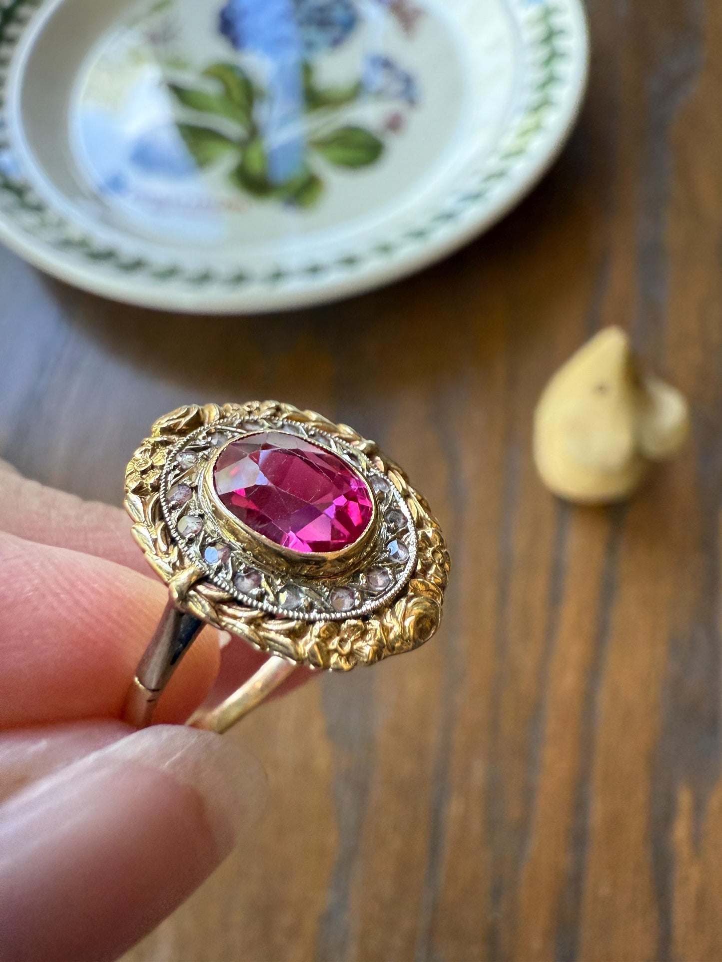 RUBY Pink Floral GARLAND Rose Cut DIAMOND Halo French Antique Ring 18k Gold Forget Me Not Ring Art Nouveau Figural Flower Gift Belle Epoque