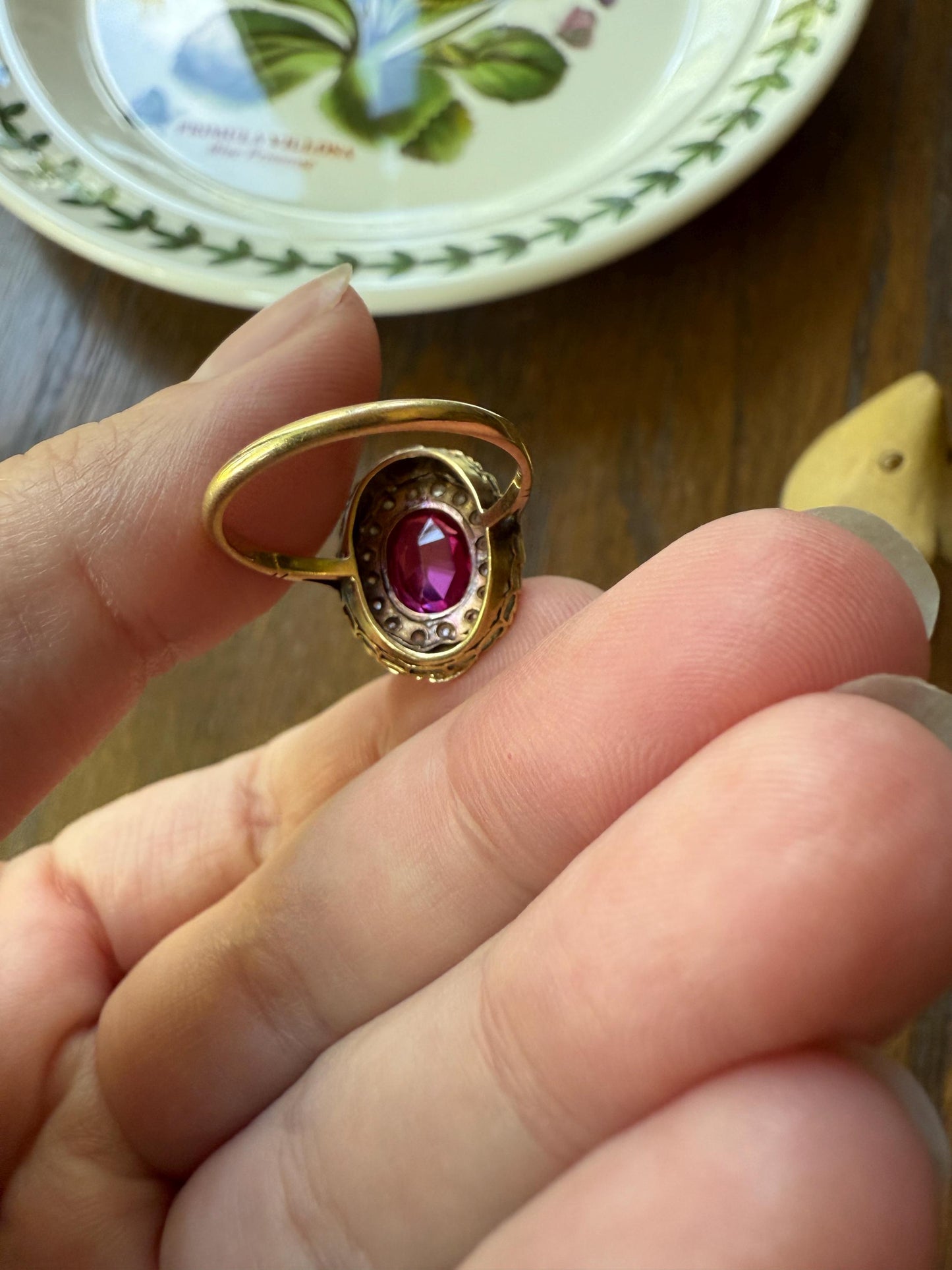 RUBY Pink Floral GARLAND Rose Cut DIAMOND Halo French Antique Ring 18k Gold Forget Me Not Ring Art Nouveau Figural Flower Gift Belle Epoque
