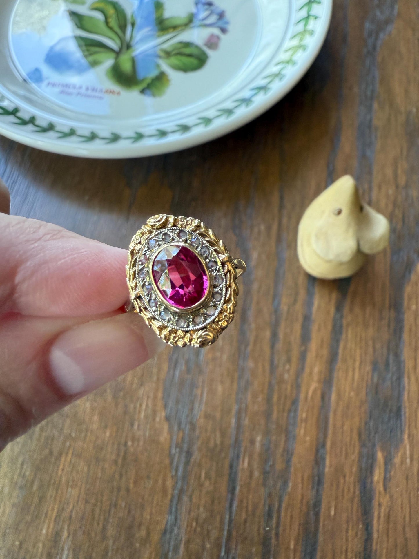 RUBY Pink Floral GARLAND Rose Cut DIAMOND Halo French Antique Ring 18k Gold Forget Me Not Ring Art Nouveau Figural Flower Gift Belle Epoque