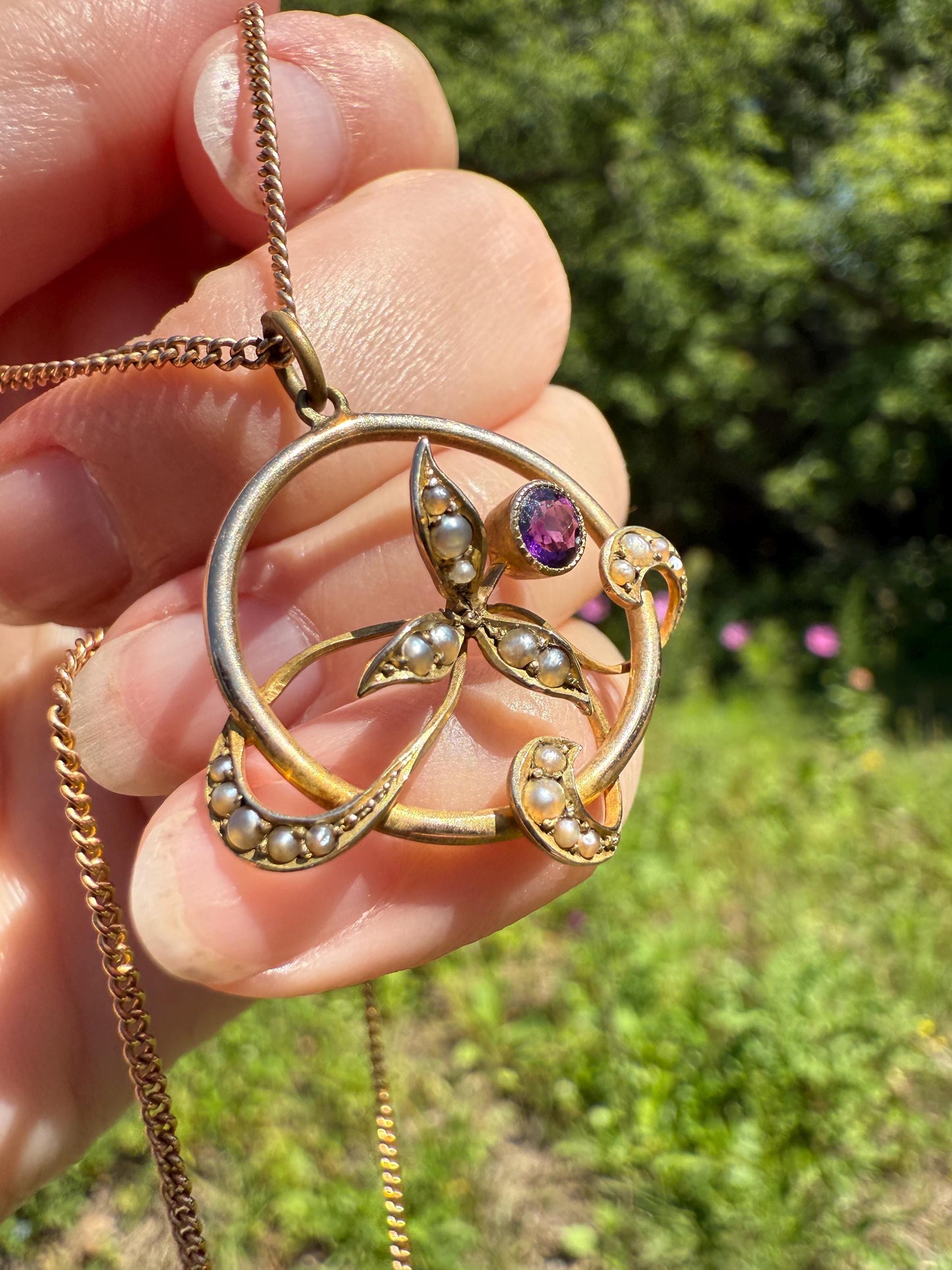 Antique FLORAL Purple AMETHYST 9k Gold Victorian Pendant on Chain Seed Pearl Leaves Art Nouveau Swirl Ornate Necklace