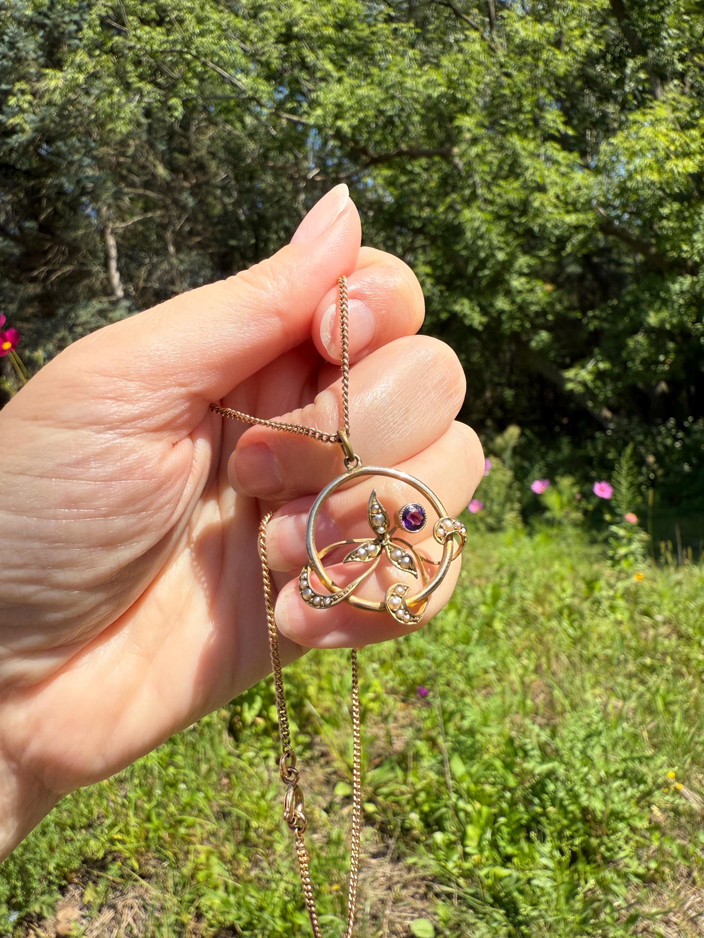 Antique FLORAL Purple AMETHYST 9k Gold Victorian Pendant on Chain Seed Pearl Leaves Art Nouveau Swirl Ornate Necklace