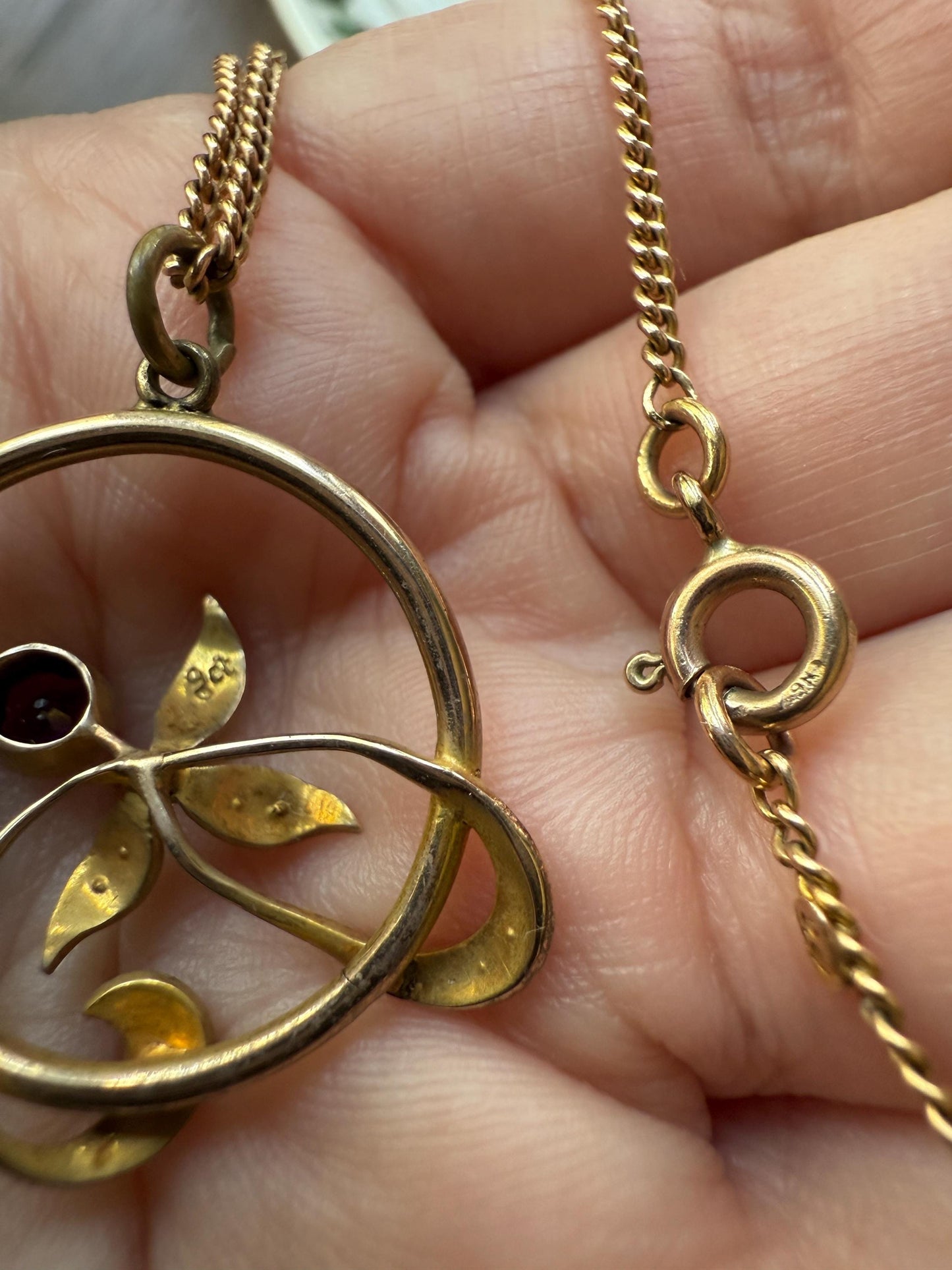 Antique FLORAL Purple AMETHYST 9k Gold Victorian Pendant on Chain Seed Pearl Leaves Art Nouveau Swirl Ornate Necklace