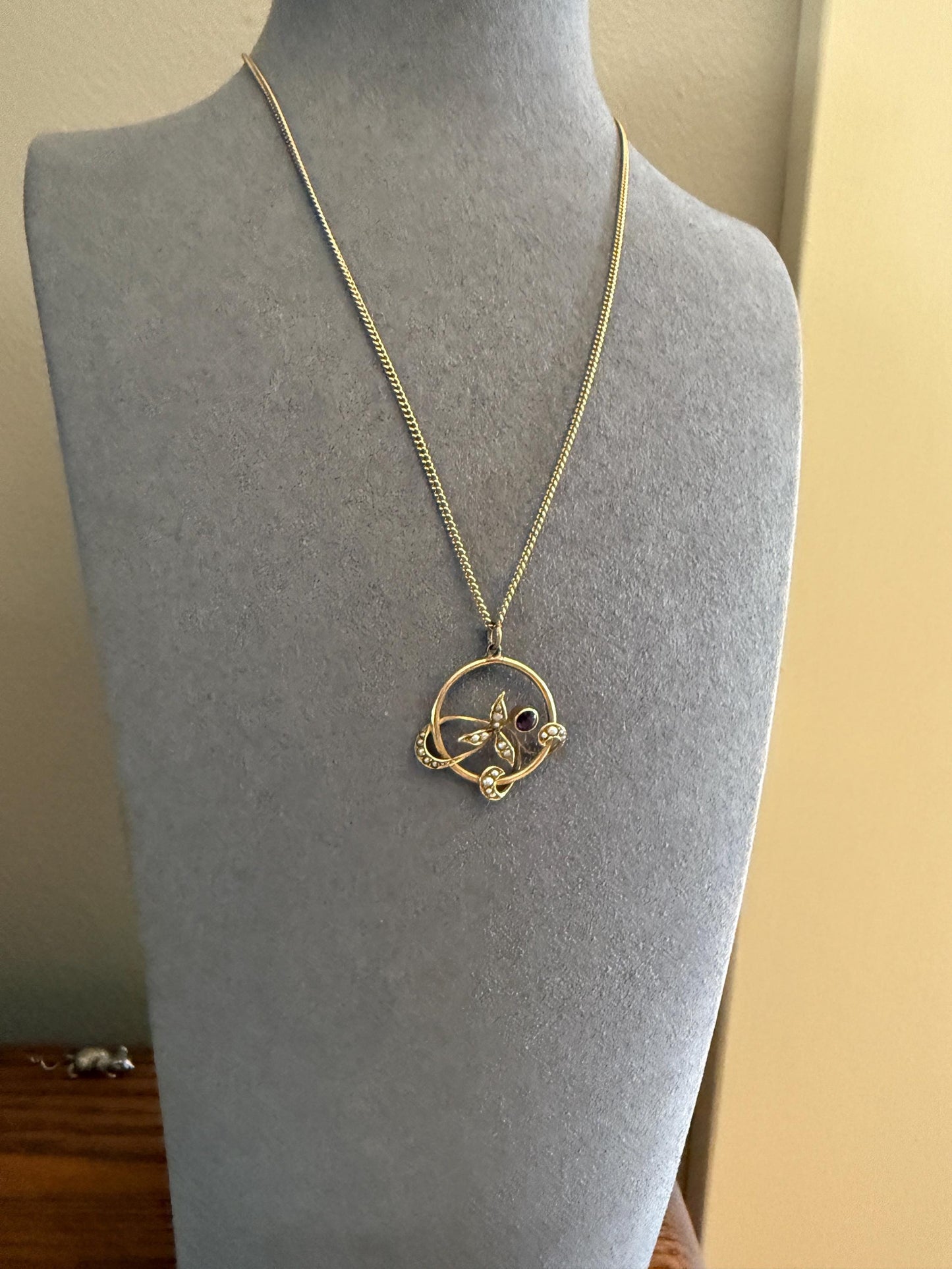 Antique FLORAL Purple AMETHYST 9k Gold Victorian Pendant on Chain Seed Pearl Leaves Art Nouveau Swirl Ornate Necklace