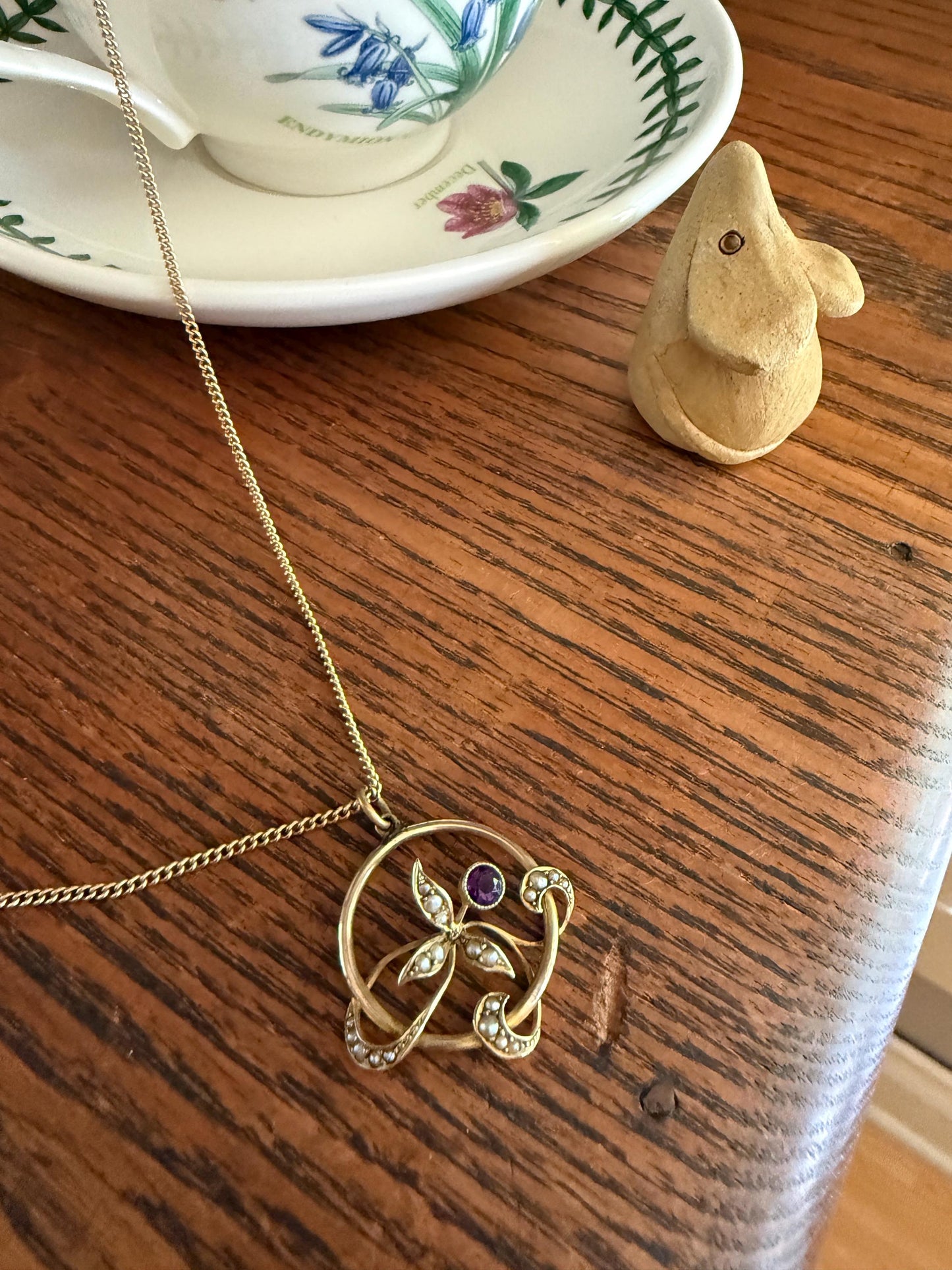 Antique FLORAL Purple AMETHYST 9k Gold Victorian Pendant on Chain Seed Pearl Leaves Art Nouveau Swirl Ornate Necklace