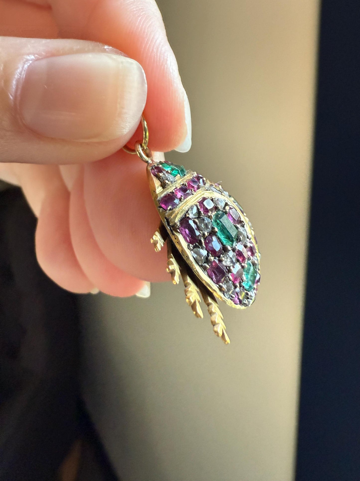 LADYBUG Large Antique Beetle Scarab Ruby Diamond Emerald Encrusted 14k Gold 3D Figural Pendant Domed Colorful Vintage Chunky Sparkle Green