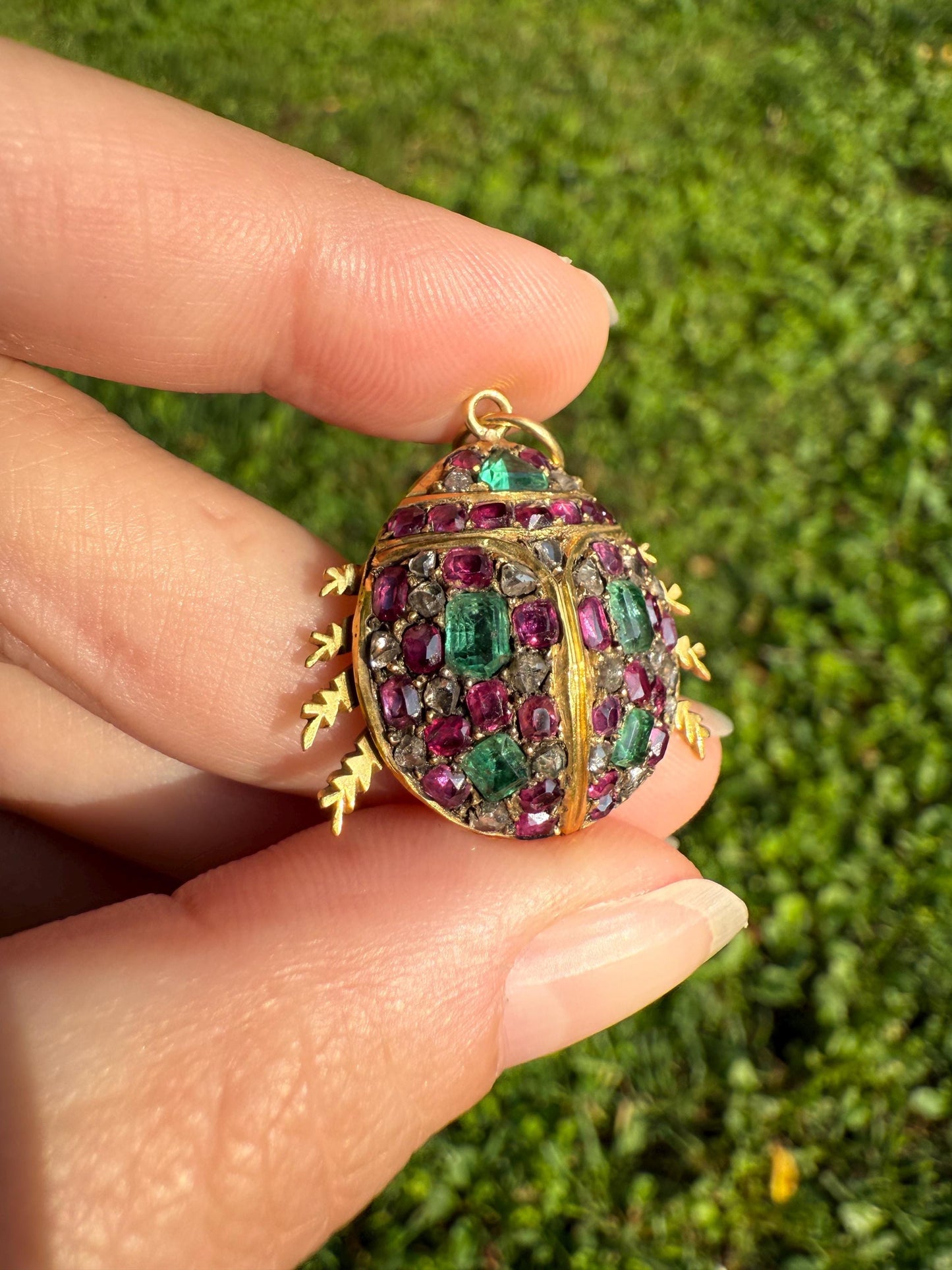 LADYBUG Large Antique Beetle Scarab Ruby Diamond Emerald Encrusted 14k Gold 3D Figural Pendant Domed Colorful Vintage Chunky Sparkle Green