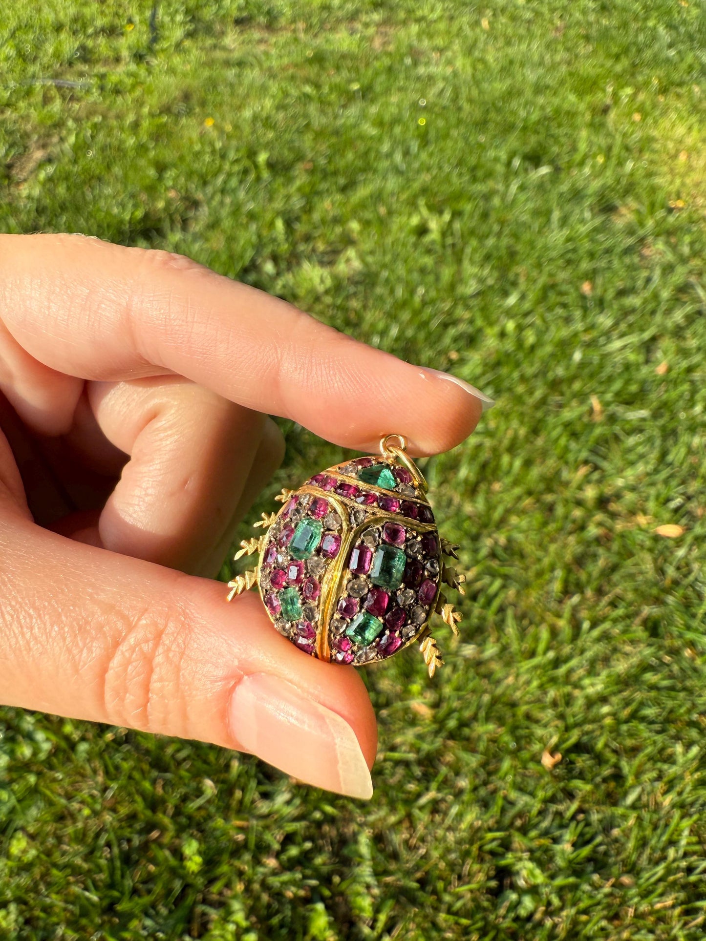 LADYBUG Large Antique Beetle Scarab Ruby Diamond Emerald Encrusted 14k Gold 3D Figural Pendant Domed Colorful Vintage Chunky Sparkle Green