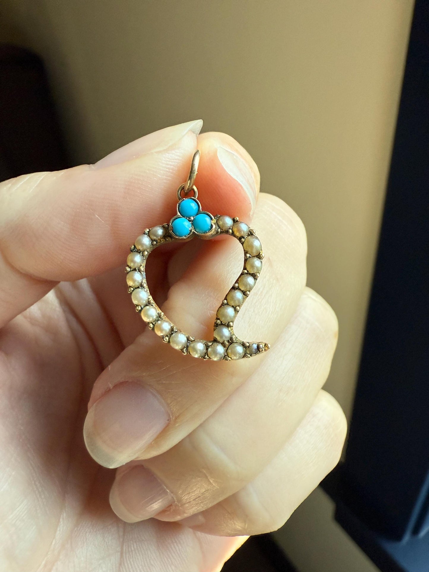 WITCH's HEART Figural 15k Gold Pearl Turquoise Pendant 14k Gold Loops Victorian Antique White Blue Trefoil Clover Top Love Token Luck Charm