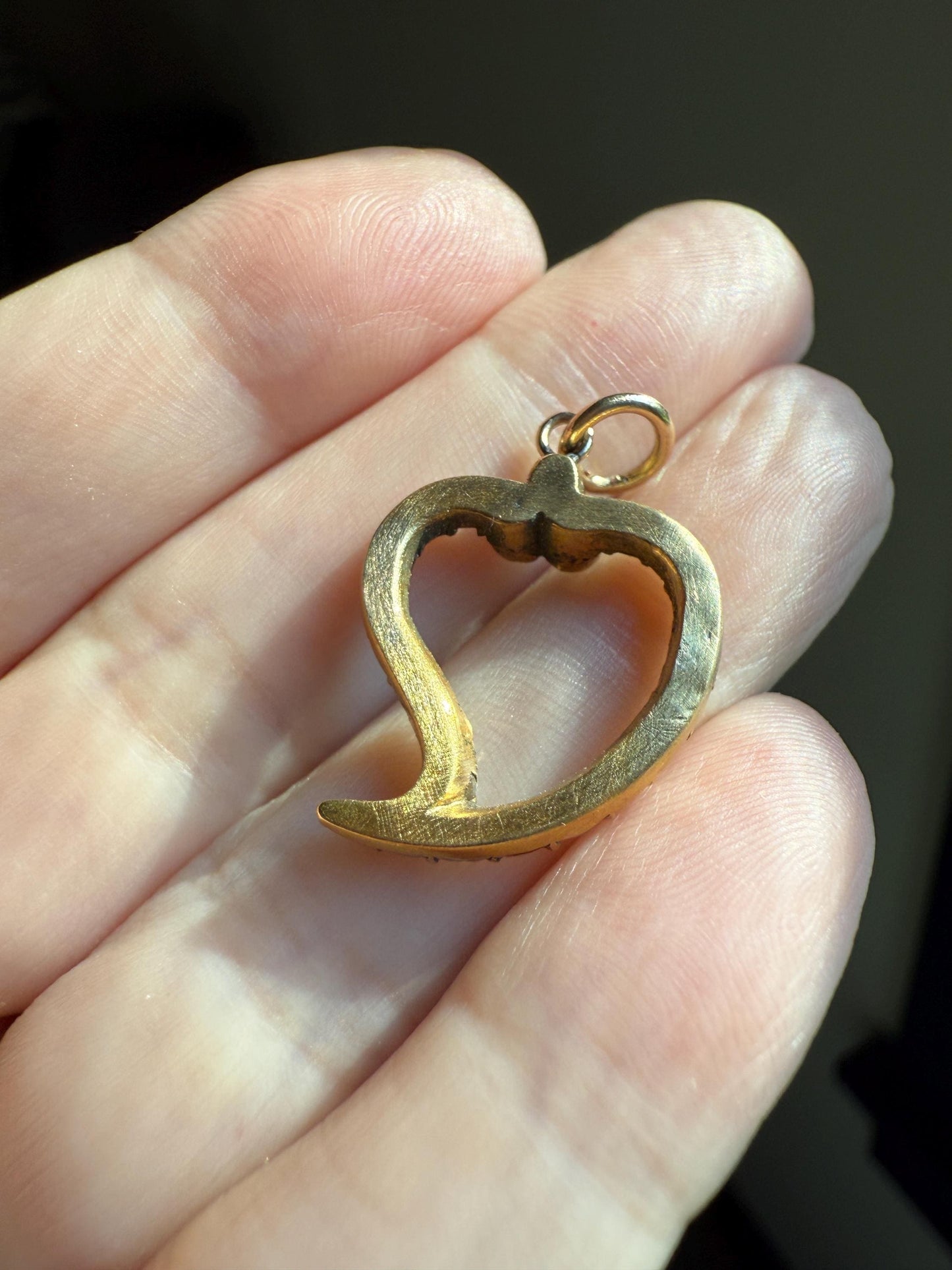 WITCH's HEART Figural 15k Gold Pearl Turquoise Pendant 14k Gold Loops Victorian Antique White Blue Trefoil Clover Top Love Token Luck Charm