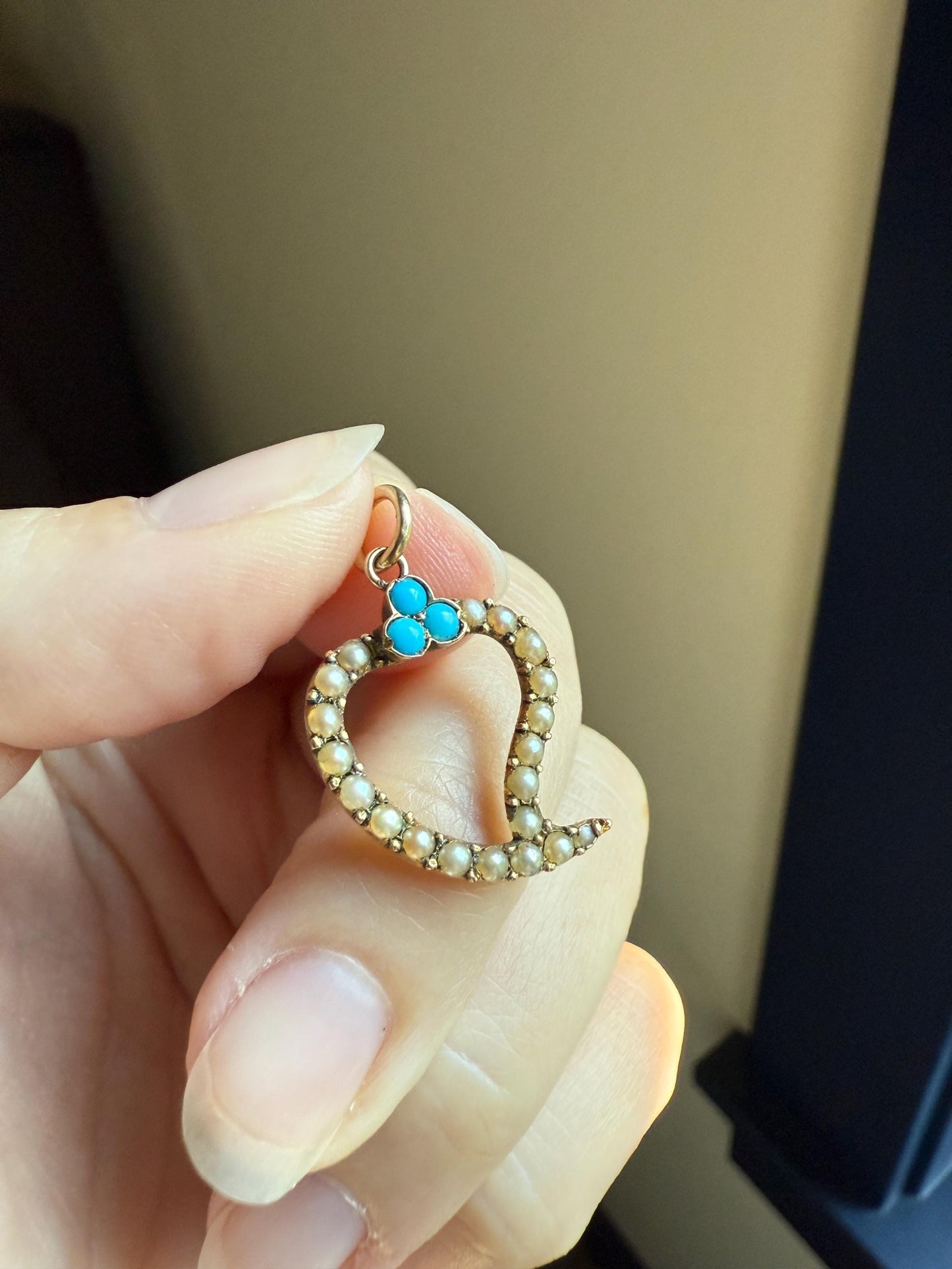 WITCH's HEART Figural 15k Gold Pearl Turquoise Pendant 14k Gold Loops Victorian Antique White Blue Trefoil Clover Top Love Token Luck Charm