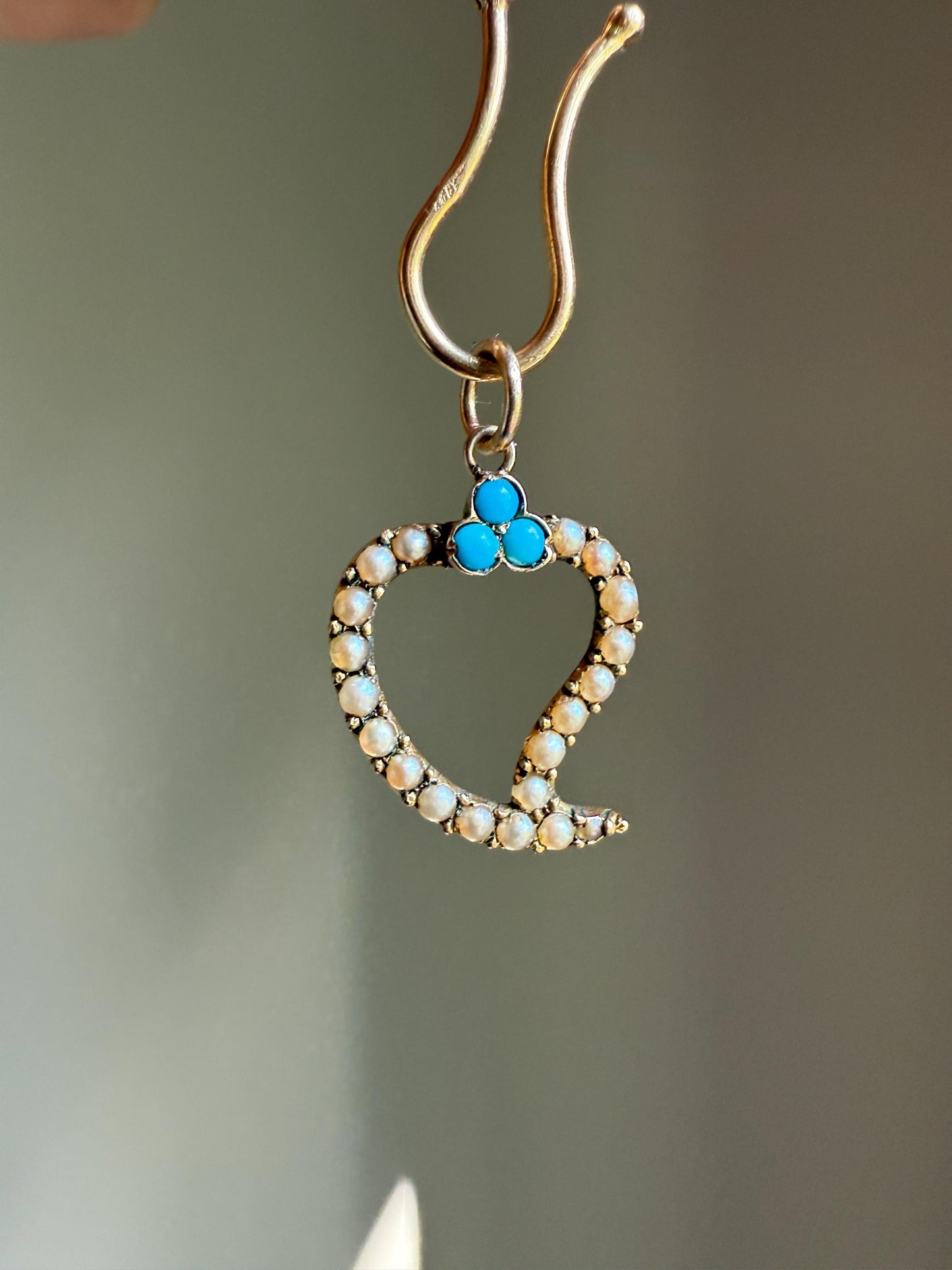 WITCH's HEART Figural 15k Gold Pearl Turquoise Pendant 14k Gold Loops Victorian Antique White Blue Trefoil Clover Top Love Token Luck Charm