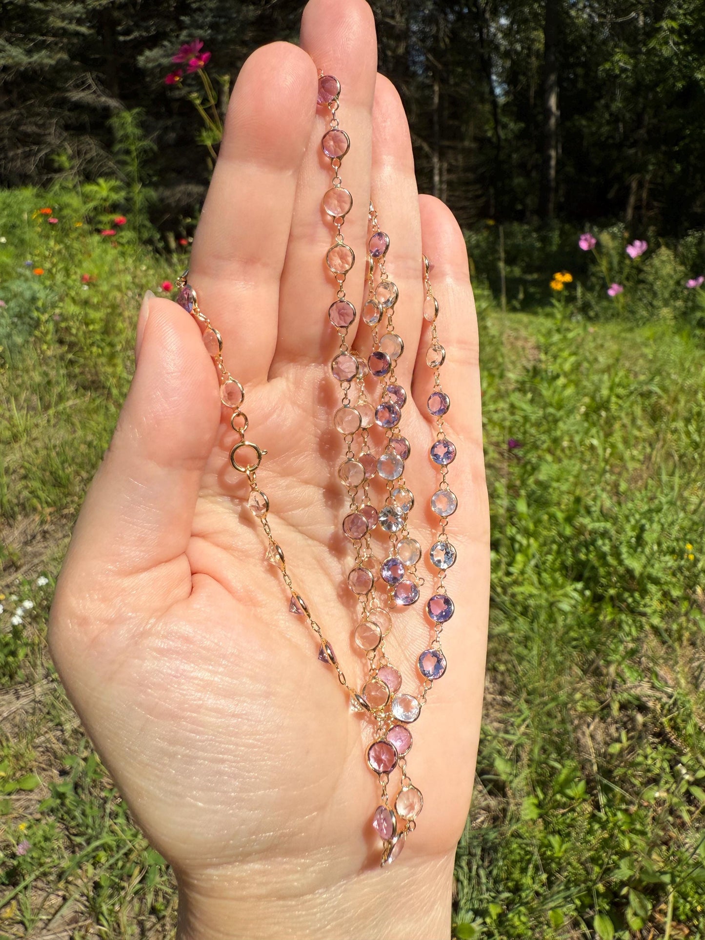 Vintage Gemset Long Station Chain Guard Rose Pink Quartz White Topaz Purple Amethyst 18k GOLD Necklace Layering Bezel Set Sparkle Harlequin