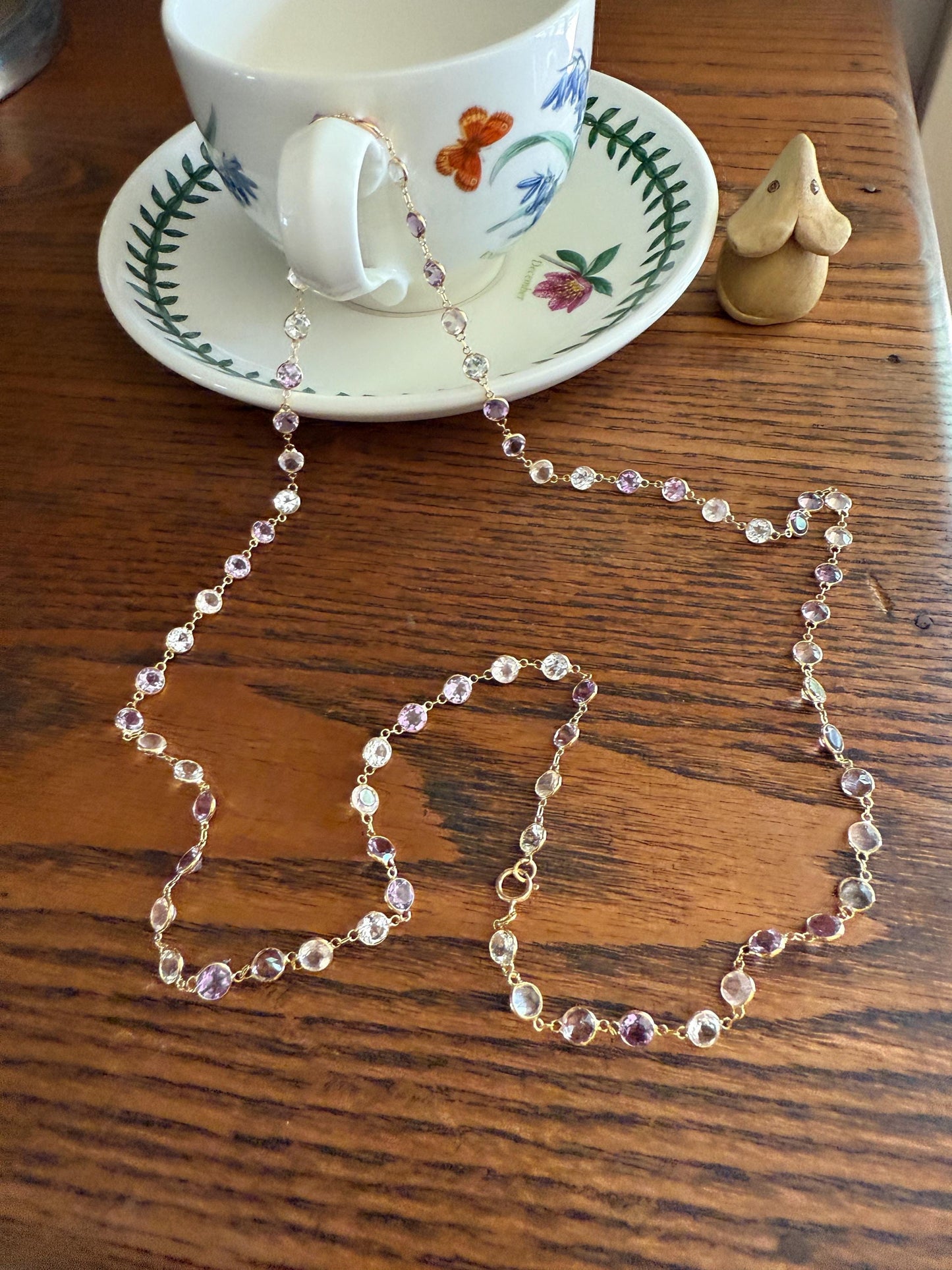 Vintage Gemset Long Station Chain Guard Rose Pink Quartz White Topaz Purple Amethyst 18k GOLD Necklace Layering Bezel Set Sparkle Harlequin