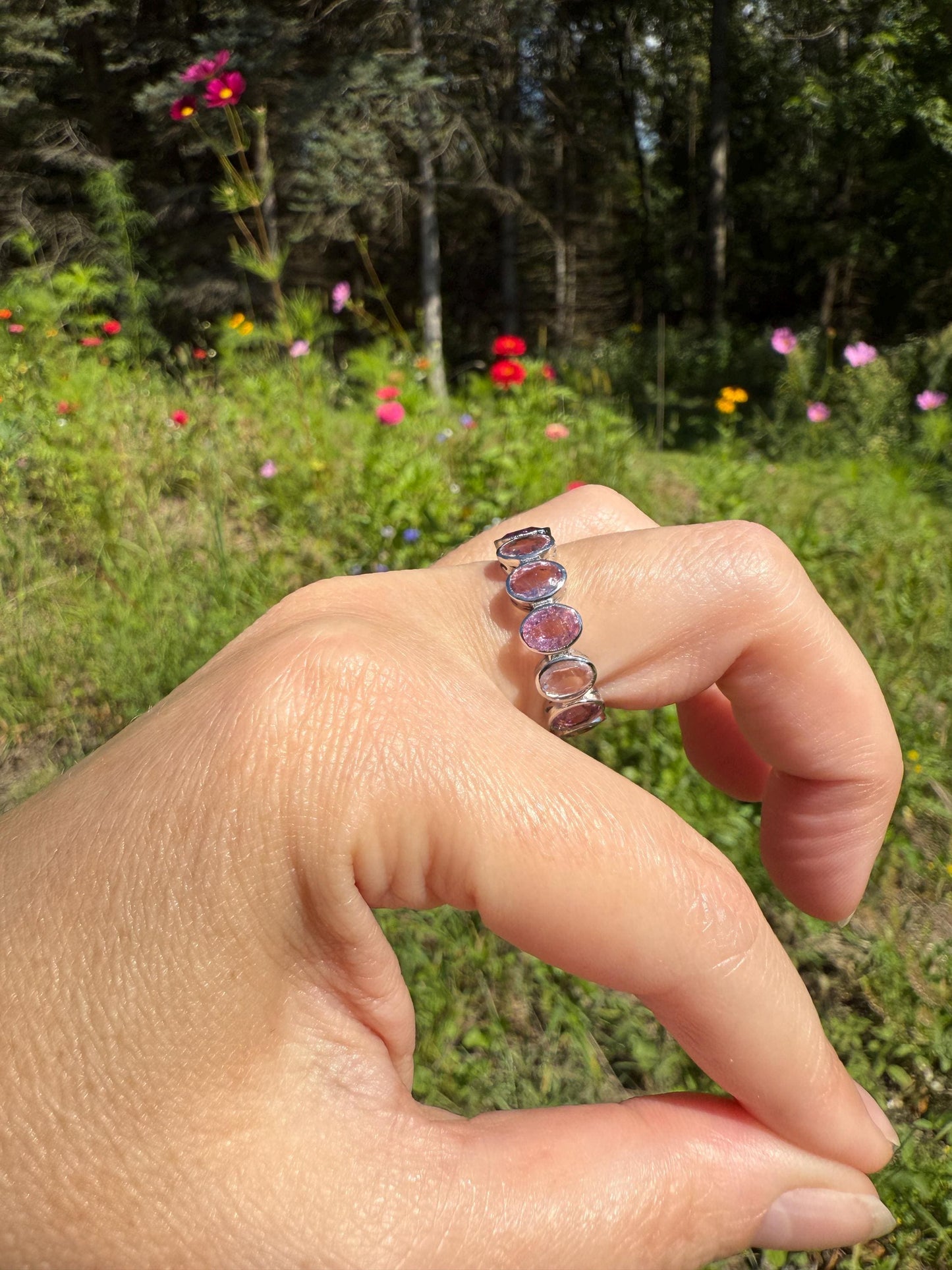 PINK TOURMALINE 5 Carats Natural French Vintage ETERNITY Ring 14k White Gold Wide Band Oval Pale Dusty Rose Light Dark Hue Chunky Stacker