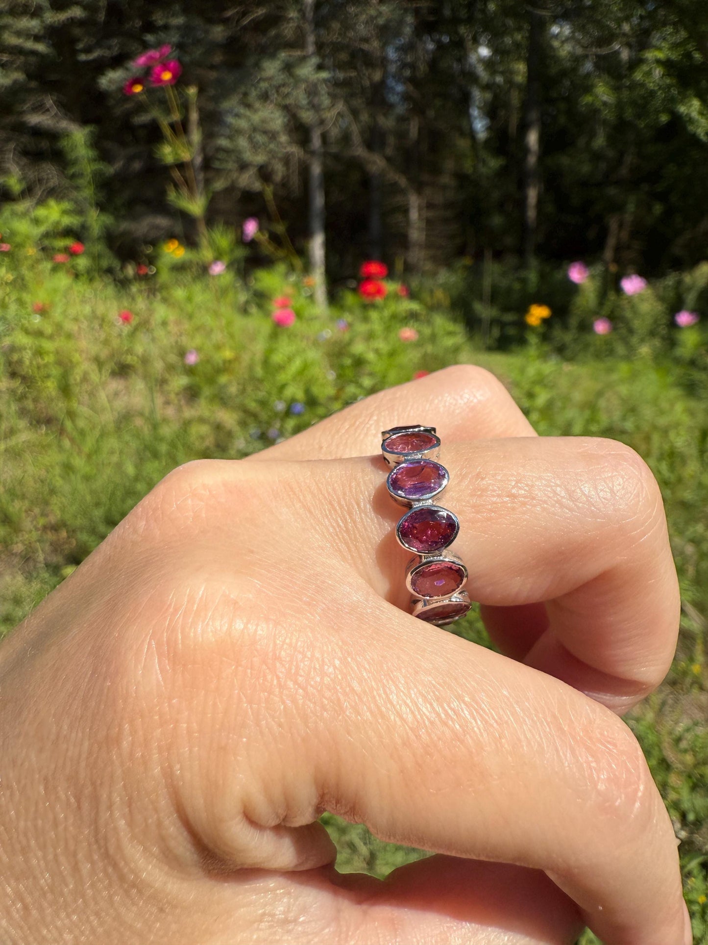 PINK TOURMALINE 5 Carats Natural French Vintage ETERNITY Ring 14k White Gold Wide Band Oval Pale Dusty Rose Light Dark Hue Chunky Stacker