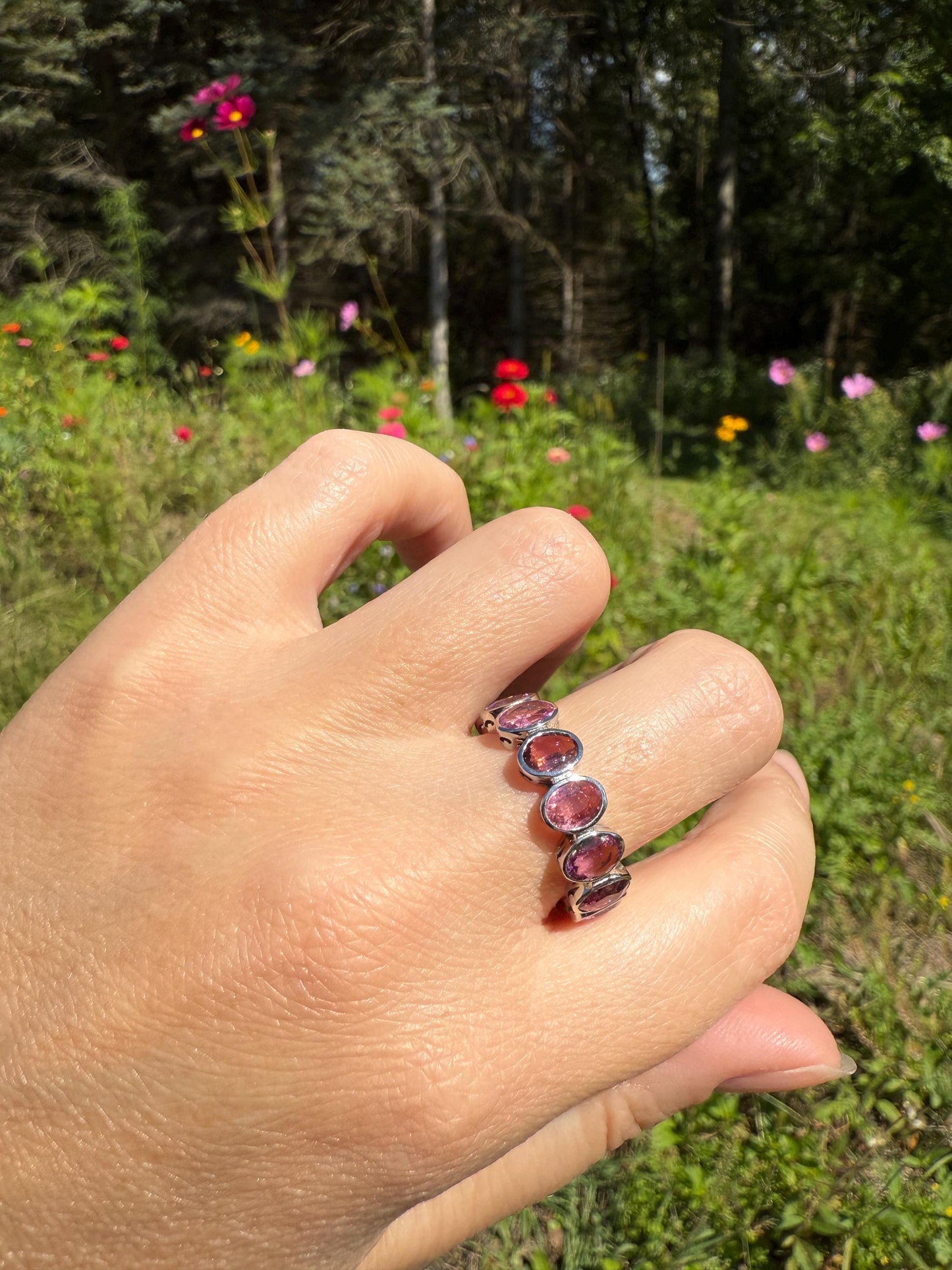 PINK TOURMALINE 5 Carats Natural French Vintage ETERNITY Ring 14k White Gold Wide Band Oval Pale Dusty Rose Light Dark Hue Chunky Stacker