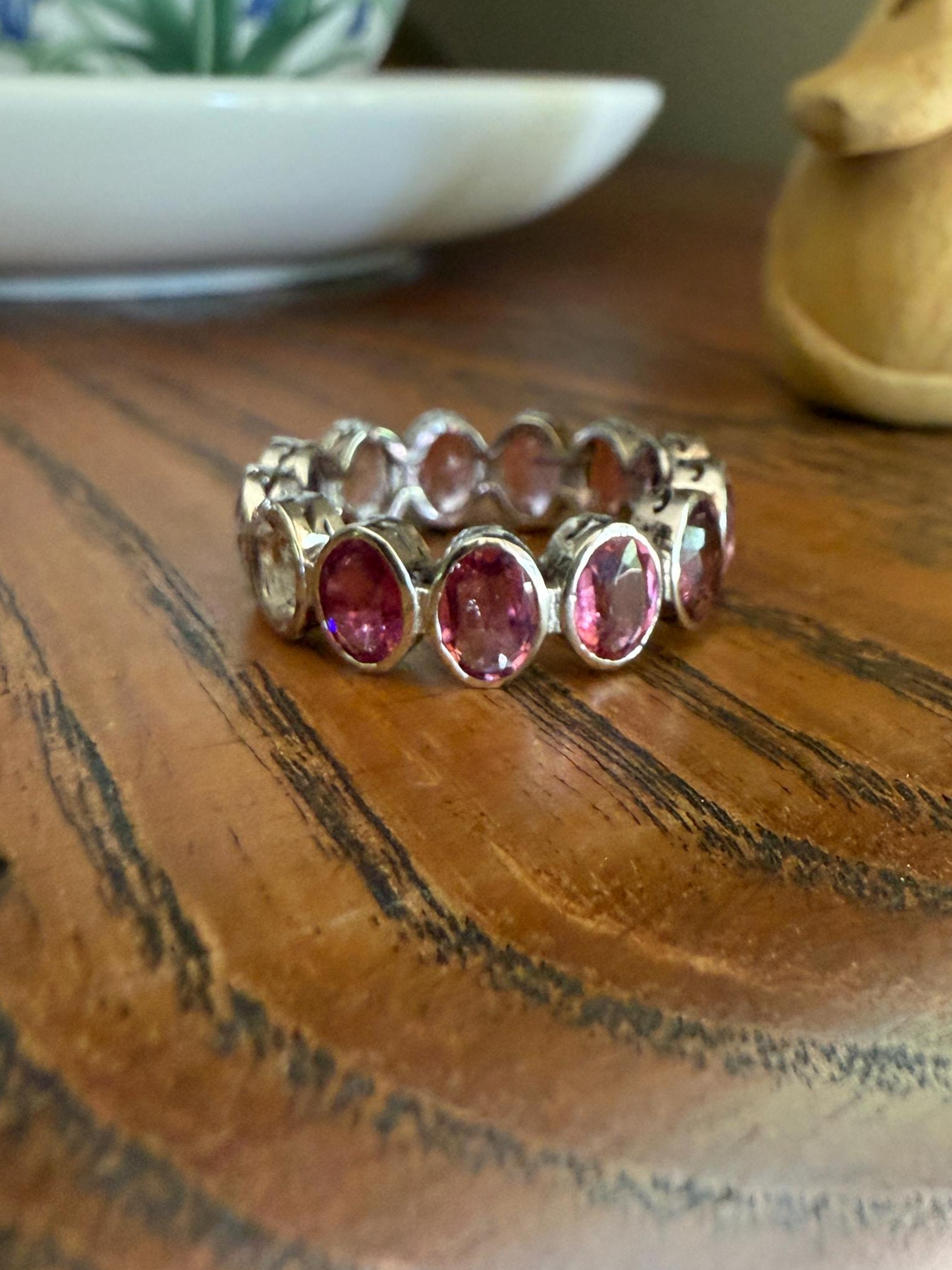 PINK TOURMALINE 5 Carats Natural French Vintage ETERNITY Ring 14k White Gold Wide Band Oval Pale Dusty Rose Light Dark Hue Chunky Stacker