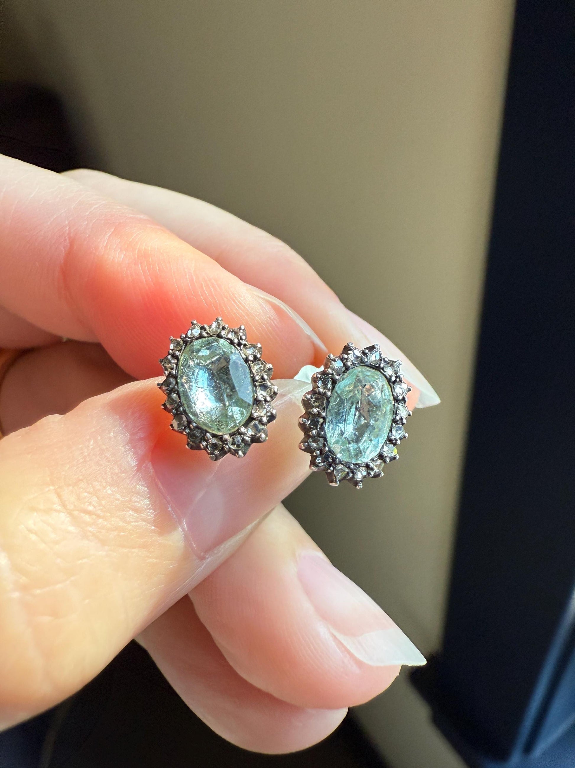 Antique Blue Green AQUAMARINE Rose Cut Diamond Halo STUD EARRINGS Georgian Victorian 18k 14k Gold Oval French Belle Epoque Bridal Gift Foil
