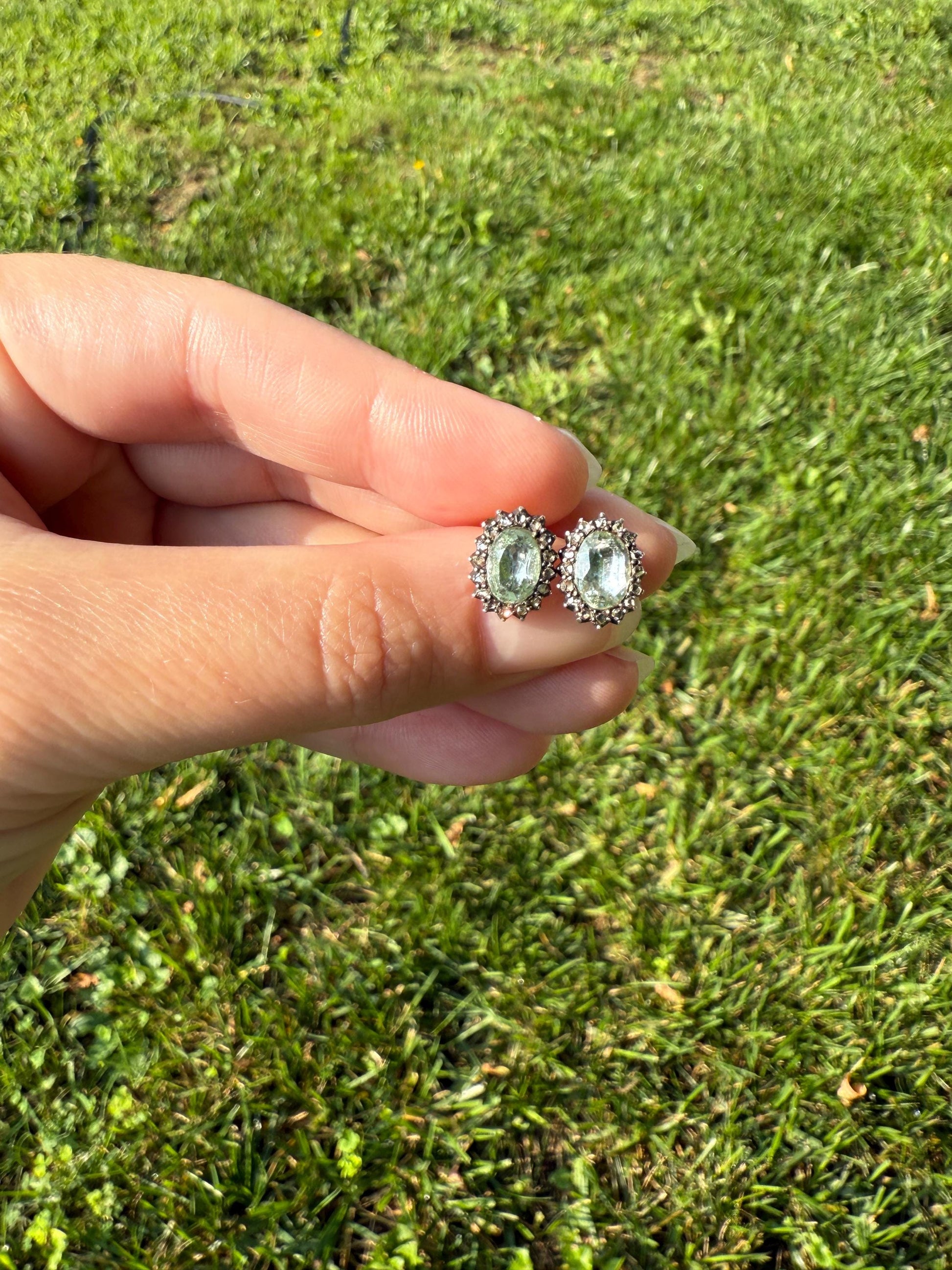 Antique Blue Green AQUAMARINE Rose Cut Diamond Halo STUD EARRINGS Georgian Victorian 18k 14k Gold Oval French Belle Epoque Bridal Gift Foil