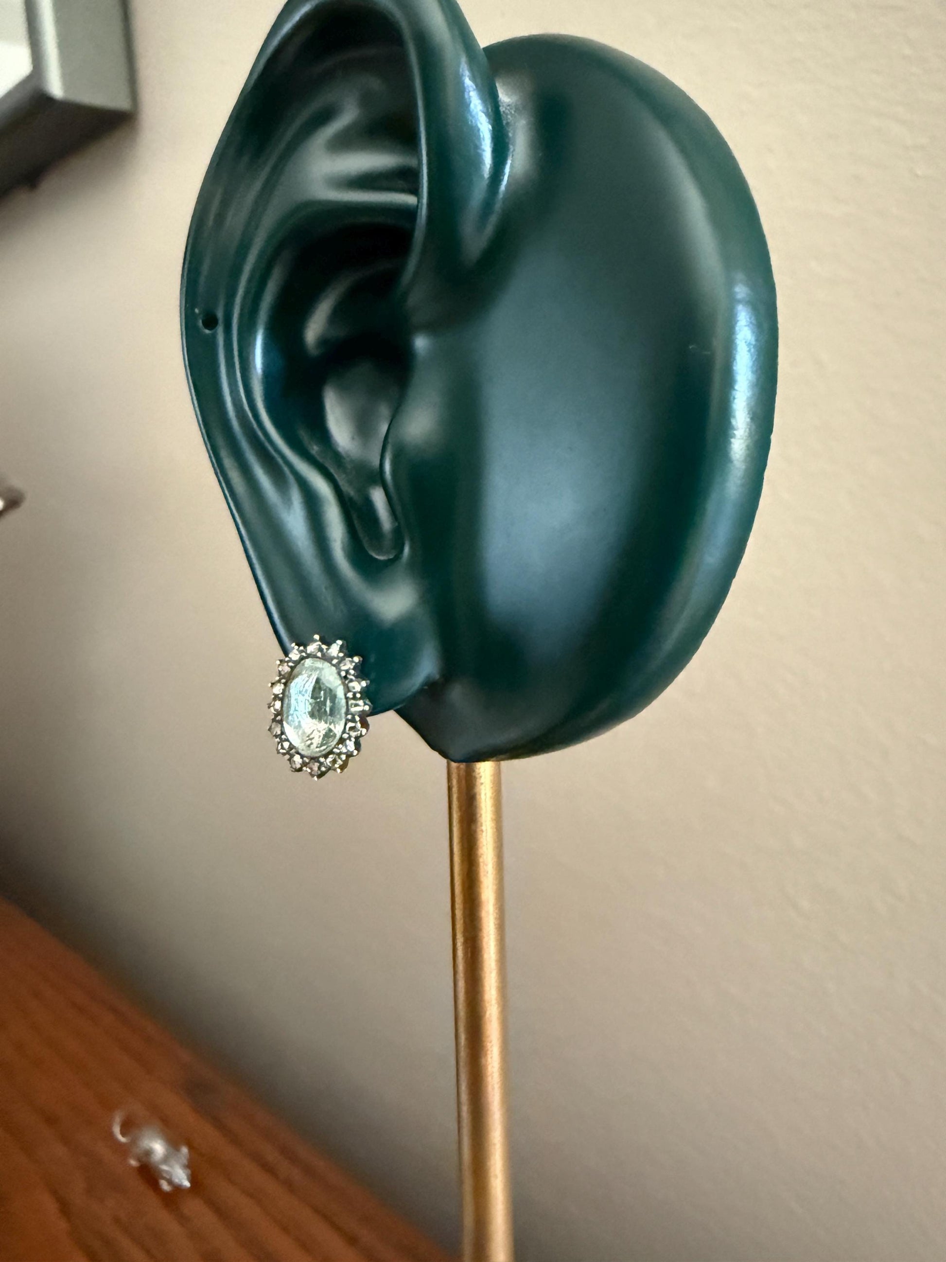 Antique Blue Green AQUAMARINE Rose Cut Diamond Halo STUD EARRINGS Georgian Victorian 18k 14k Gold Oval French Belle Epoque Bridal Gift Foil