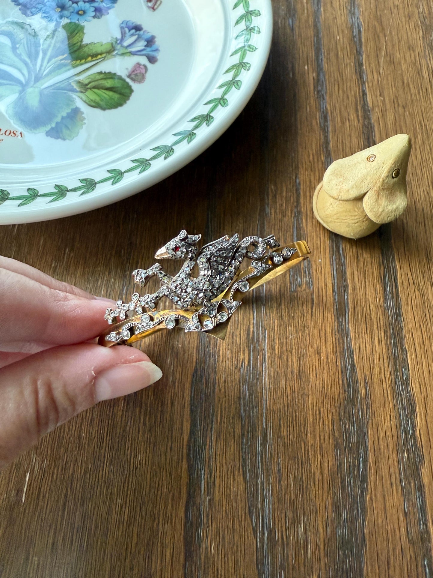 DRAGON Rare One of a Kind Antique Figural 130+ Rose Cut Diamond BANGLE Bracelet French Victorian 18k Gold Silver Chimera Phoenix Chevron