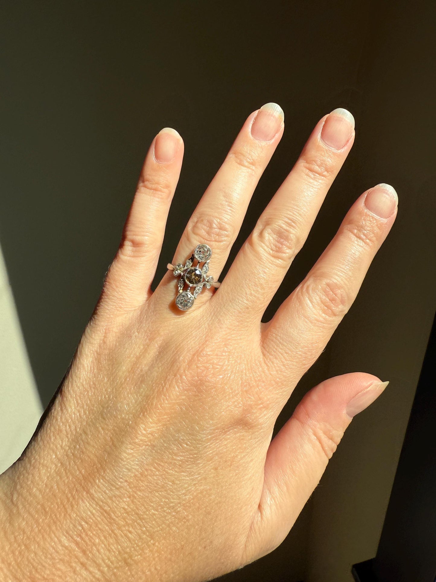 ORNATE Belle Epoque Antique Champagne Fancy Light Brown & White Three Stone Old Mine Cut Diamond Platinum Navette Ring Oval Victorian French