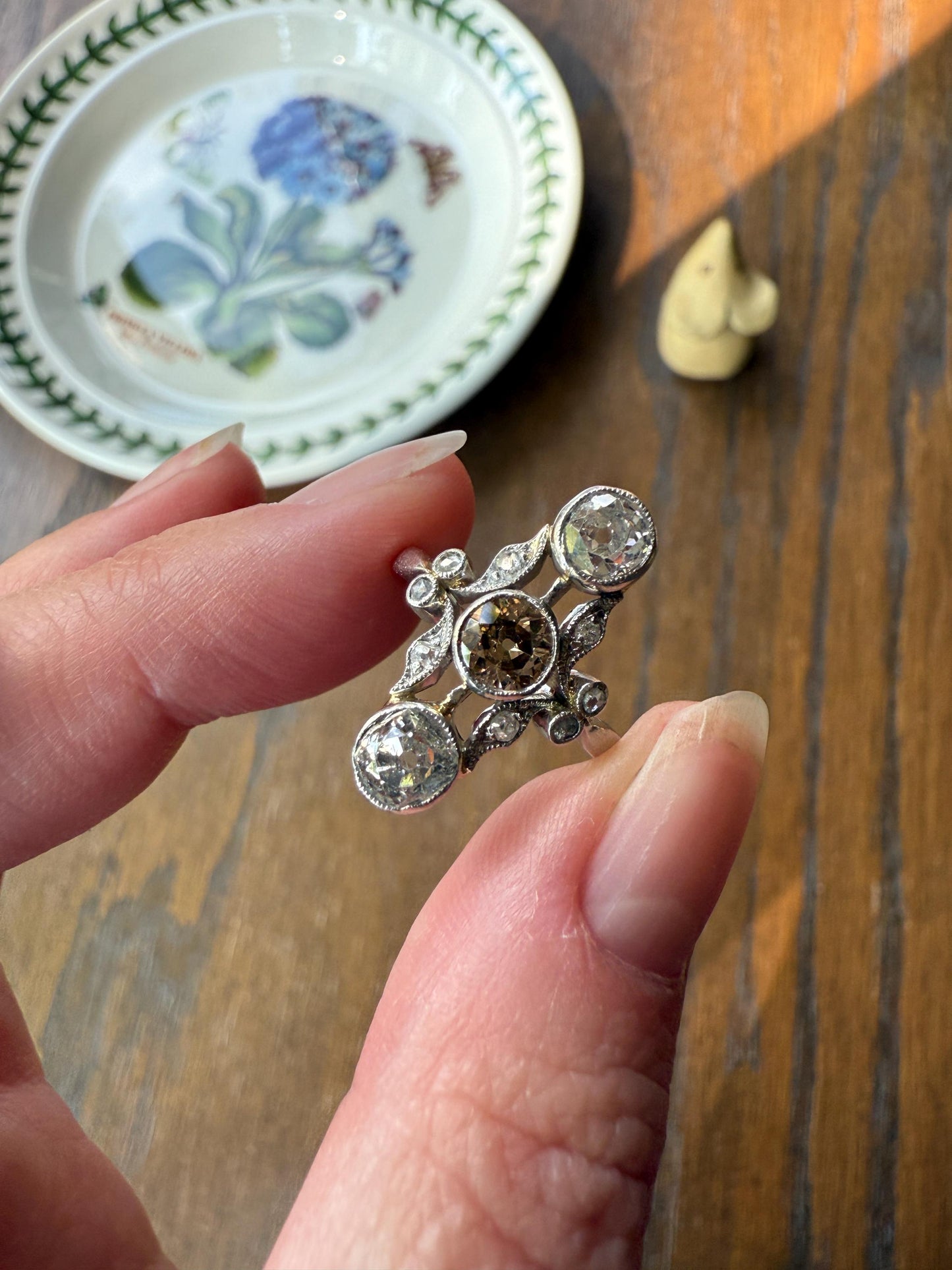 ORNATE Belle Epoque Antique Champagne Fancy Light Brown & White Three Stone Old Mine Cut Diamond Platinum Navette Ring Oval Victorian French