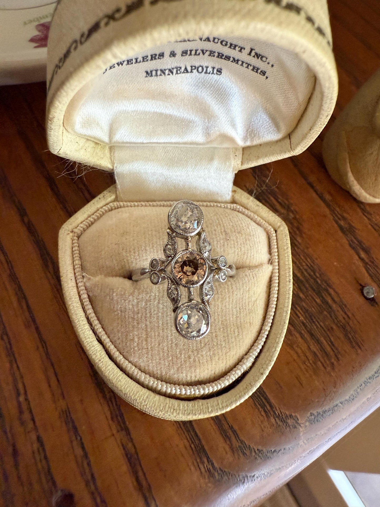 ORNATE Belle Epoque Antique Champagne Fancy Light Brown & White Three Stone Old Mine Cut Diamond Platinum Navette Ring Oval Victorian French
