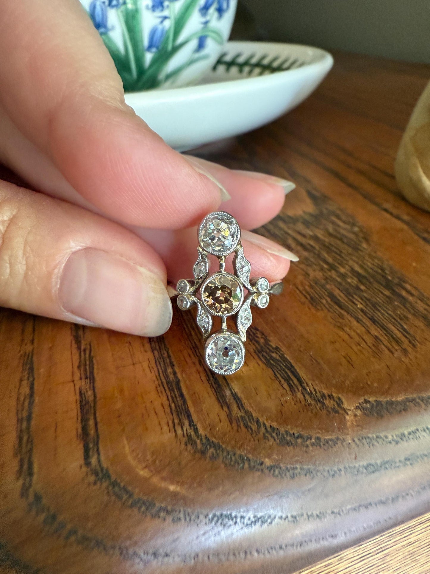 ORNATE Belle Epoque Antique Champagne Fancy Light Brown & White Three Stone Old Mine Cut Diamond Platinum Navette Ring Oval Victorian French