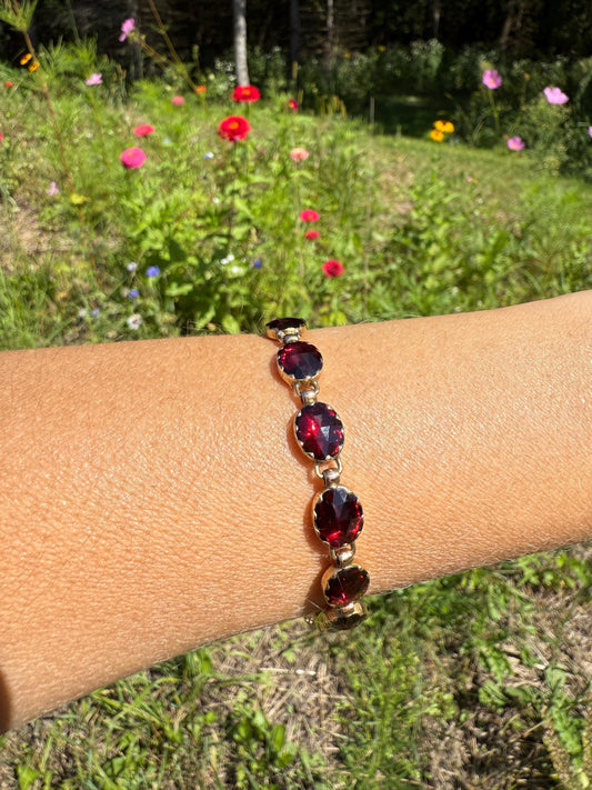 Antique French Perpignan GARNET Oval Riviere Eternity Tennis Bracelet 18k Gold Bezel Set Rose Cut Closed Back Almandine Glowing Raspberry
