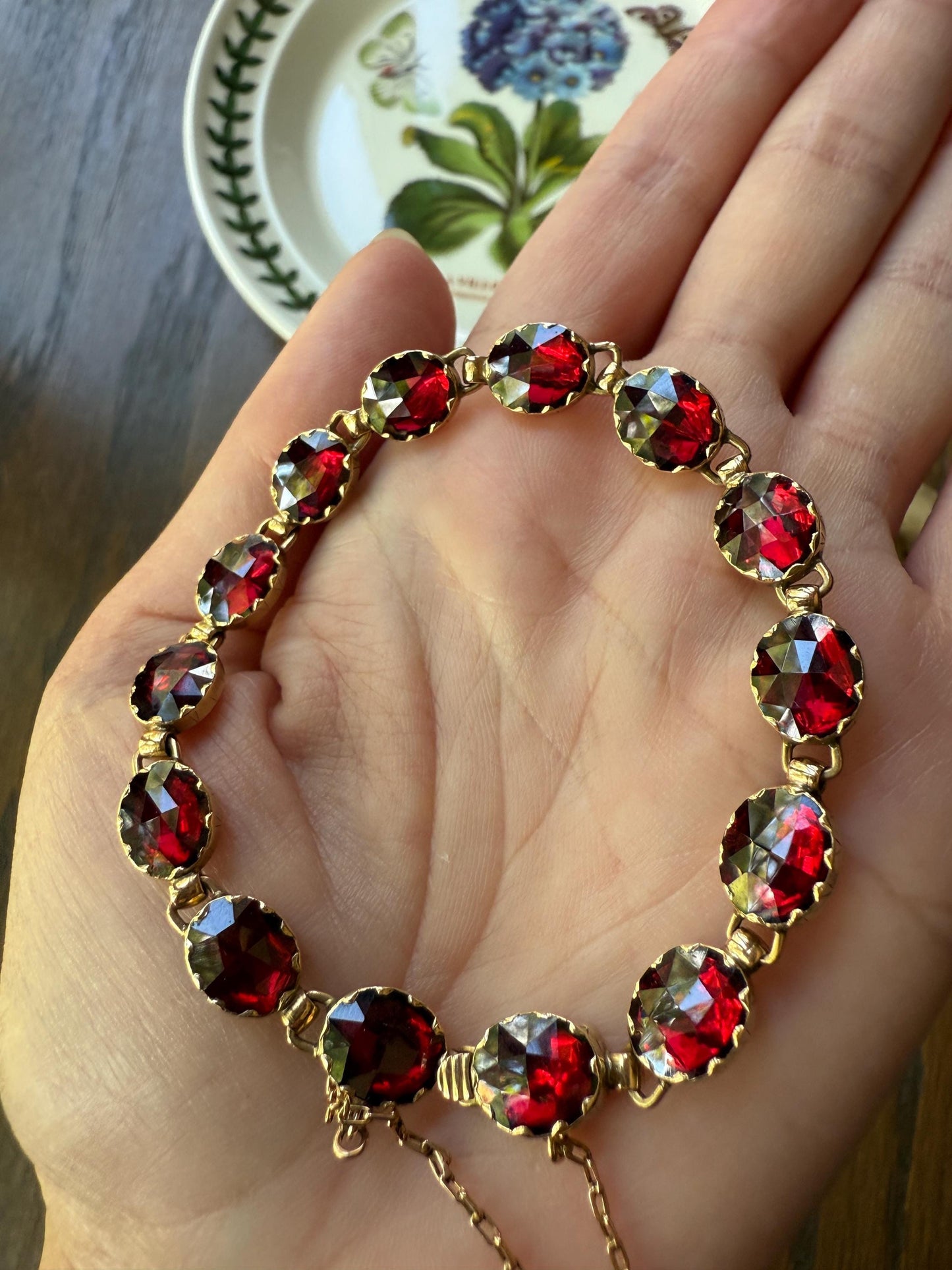 Antique French Perpignan GARNET Oval Riviere Eternity Tennis Bracelet 18k Gold Bezel Set Rose Cut Closed Back Almandine Glowing Raspberry