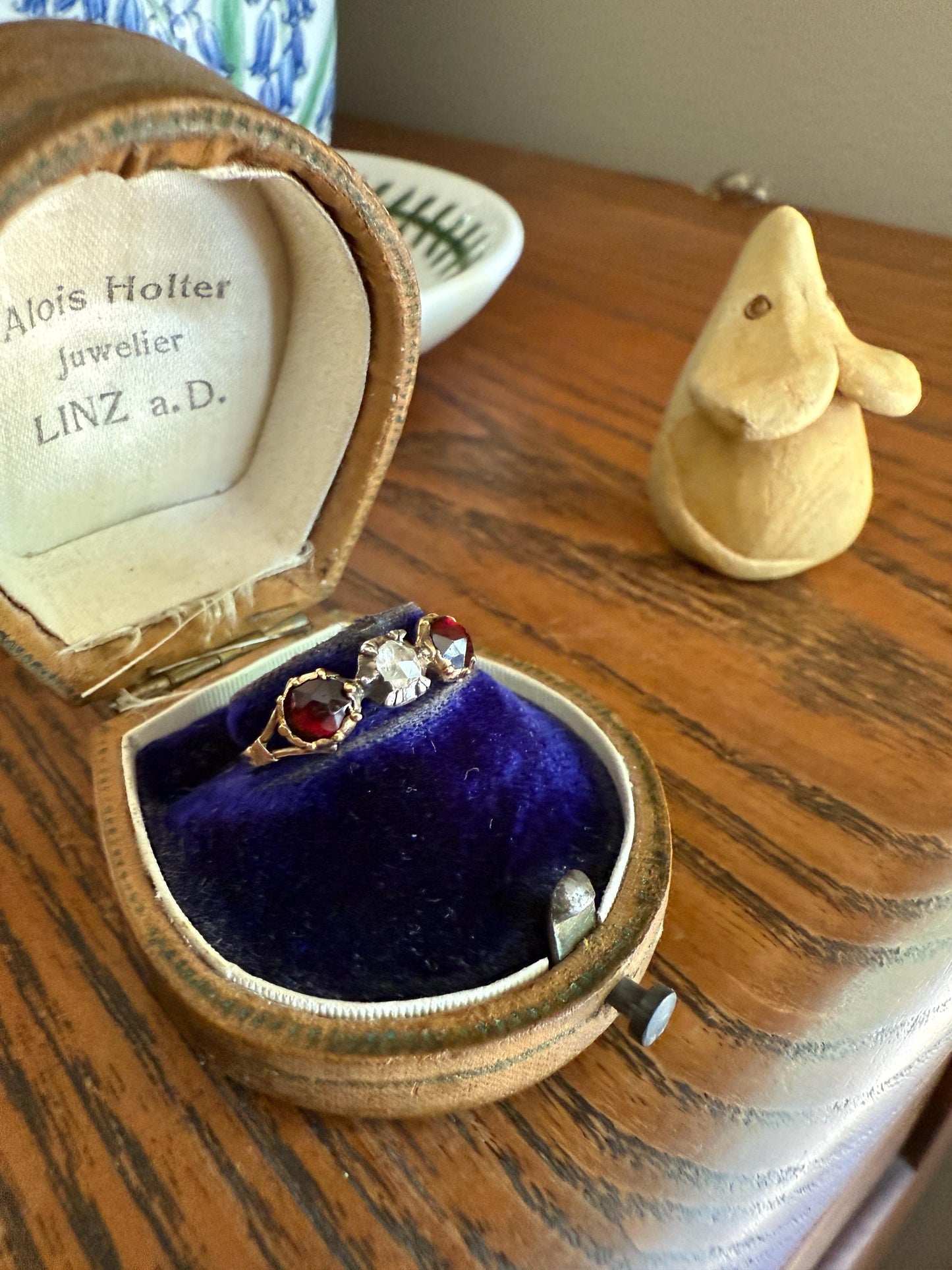 Georgian Era ANTIQUE Rose Cut Diamond & Red GARNET Three Stone RING 18k Gold Skinny Band Stacker Crimson Glow