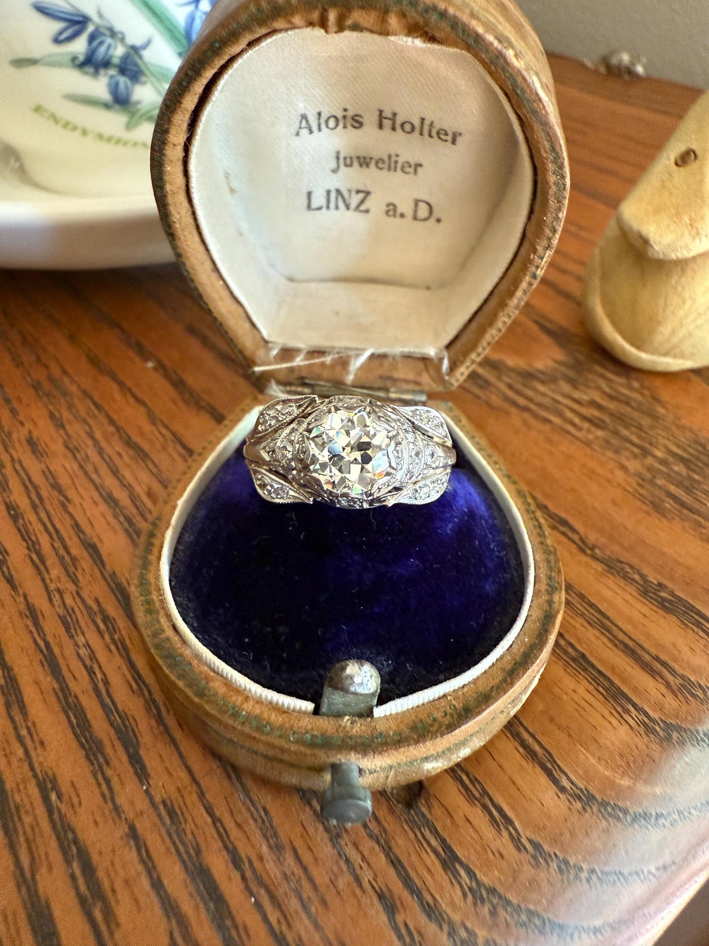 PLATINUM 1.7Ctw Art Deco Old European Cut Diamond Solitaire Engagement Ring w/ Wedding Set Wrap Encrusted Prongs Leaf Filigree Antique c1928