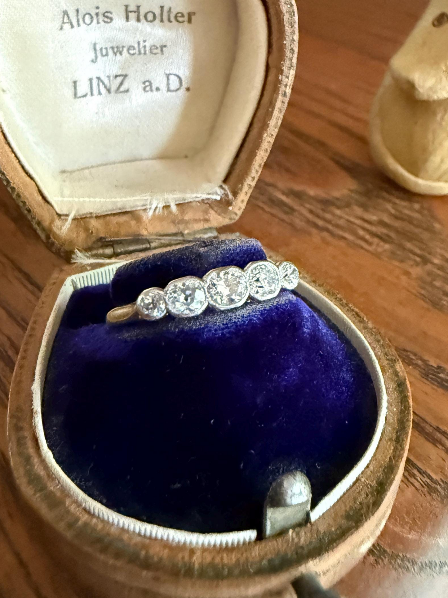 Antique Bezel Set Five Stone 0.6 Carat Old Mine Cut Diamond Ring 18k Skinny Band Stacker