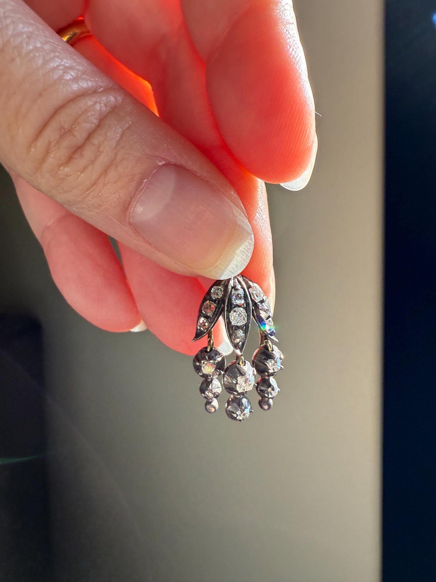Floral FRINGE Old Mine Cut DIAMOND Drop Pendant 18k Gold Silver Collet Figural 2 Avail Neckmess Neckstack Romantic Gift OMC Dangle Earrings