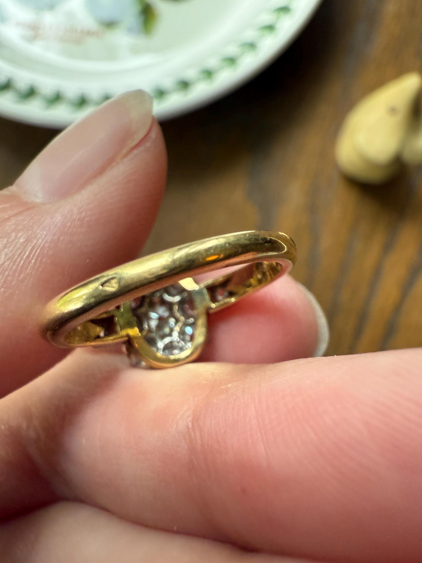 OVAL .9 Carat Old Mine Cut DIAMOND Cluster Ring Victorian French Antique Hallmark 18k Gold Band Platinum Stacker Romantic Gift OMC