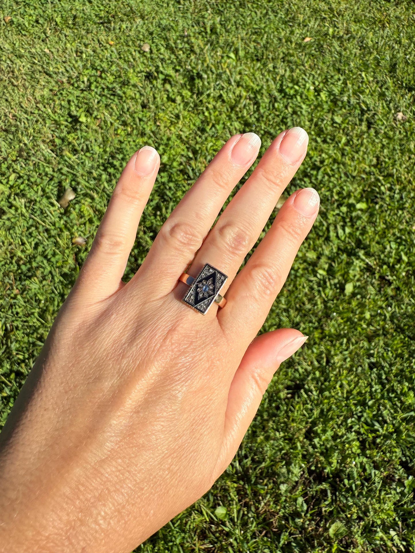 Antique Blue SAPPHIRE Rose Cut DIAMOND Black Enamel 14k Rosy Gold Plaque Ring Floral Geometric Rectangular Panel Romantic Gift Stacker