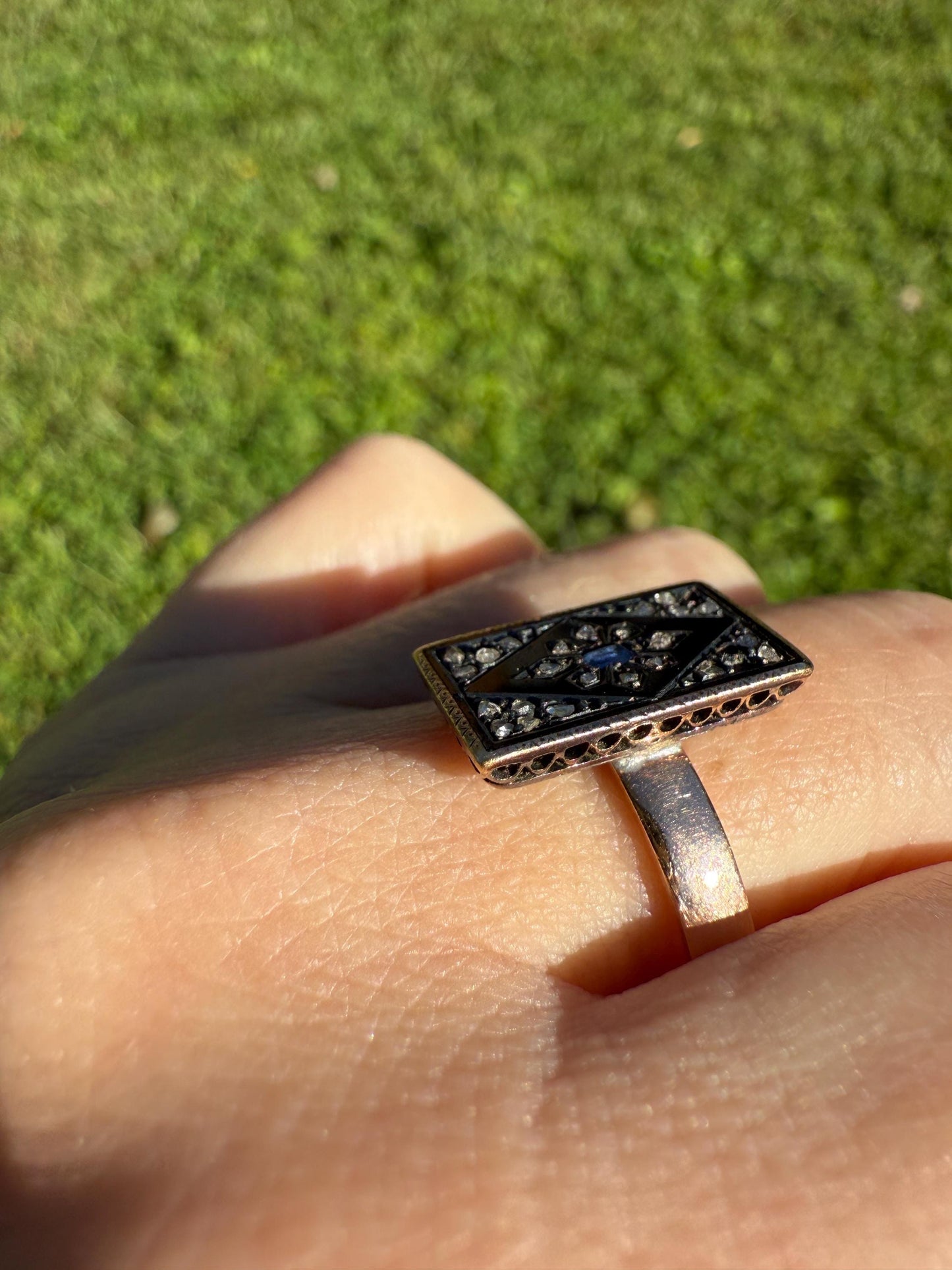 Antique Blue SAPPHIRE Rose Cut DIAMOND Black Enamel 14k Rosy Gold Plaque Ring Floral Geometric Rectangular Panel Romantic Gift Stacker